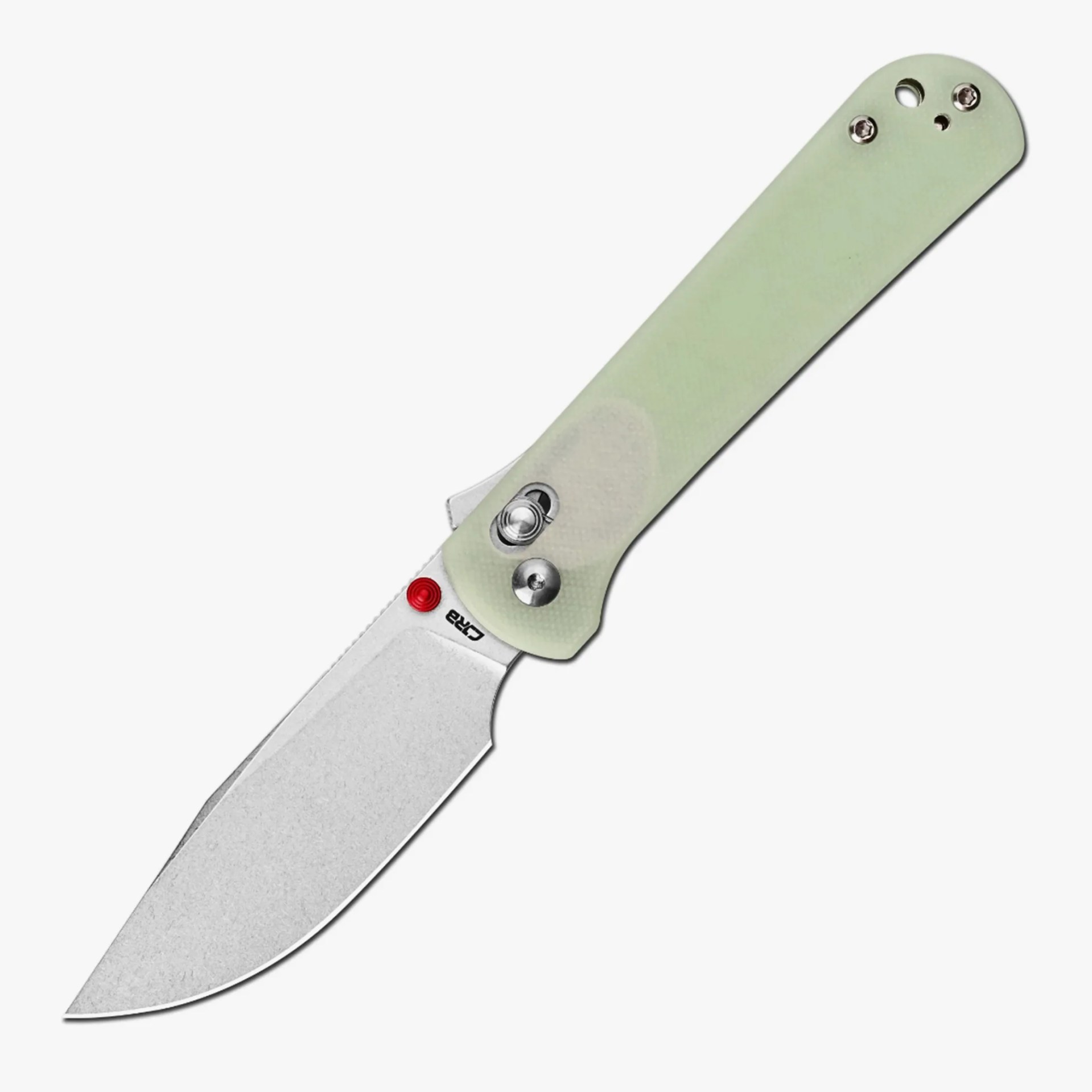 Folding knife with a stonewashed blade and translucent pale green handle with metal screws.
