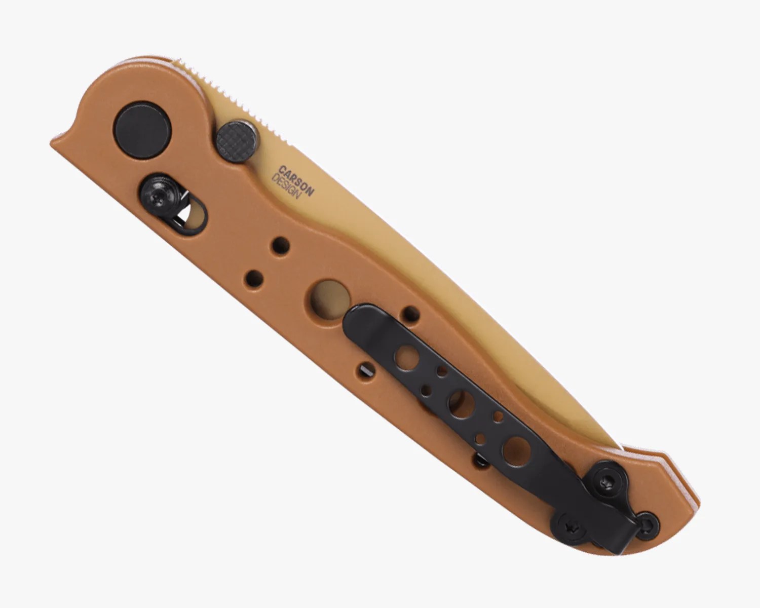 Folded tan pocket knife with a black clip and serrated blade marked "Carson Design.