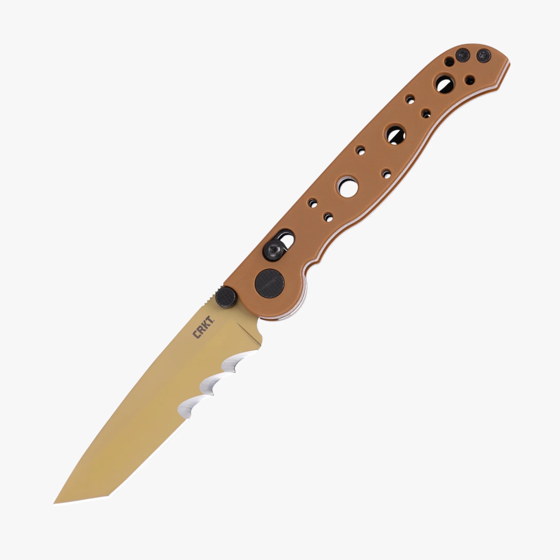 Tan folding knife handle with multiple circular holes and black screws.