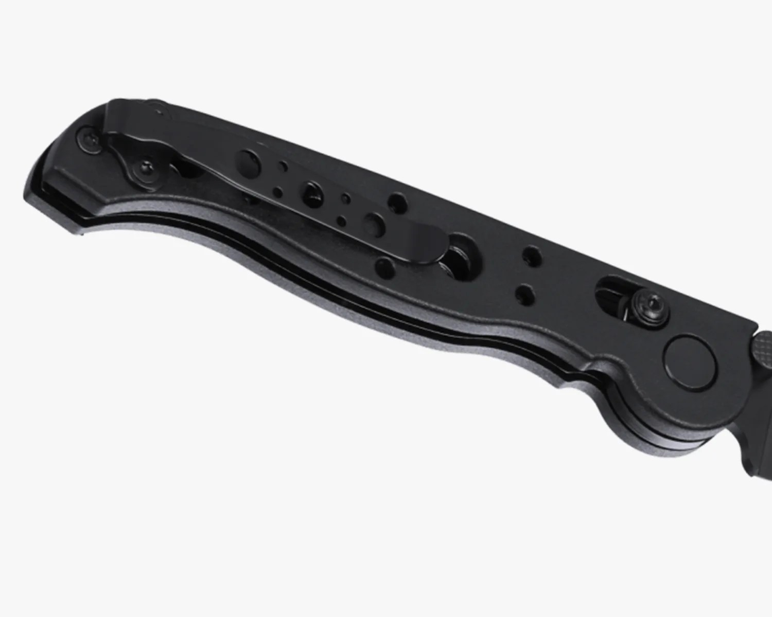 Black folding knife handle with a pocket clip and textured grip.
