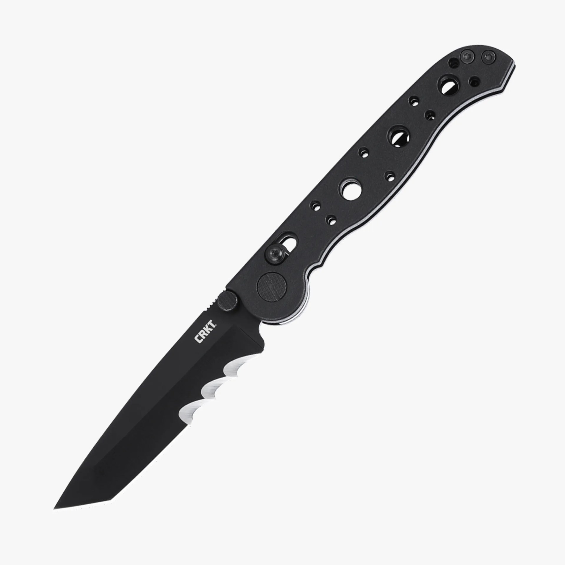 Black partially serrated folding knife blade with black handle featuring circular cutouts and textured grip.