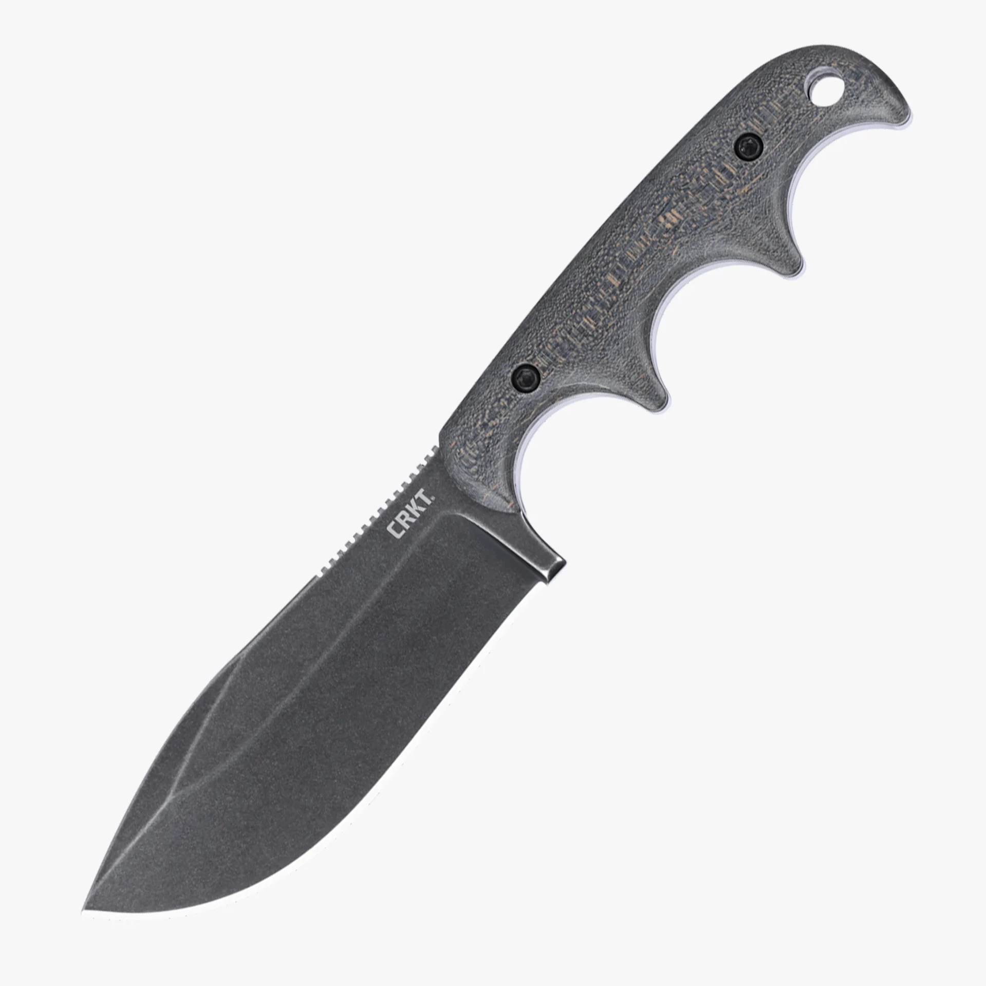 Black fixed blade knife with textured gray handle featuring finger grooves and a lanyard hole.