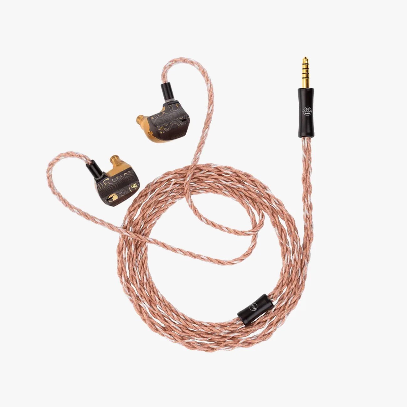 Braided copper-colored audio cable with black and gold in-ear monitors and a gold 3.5mm plug.
