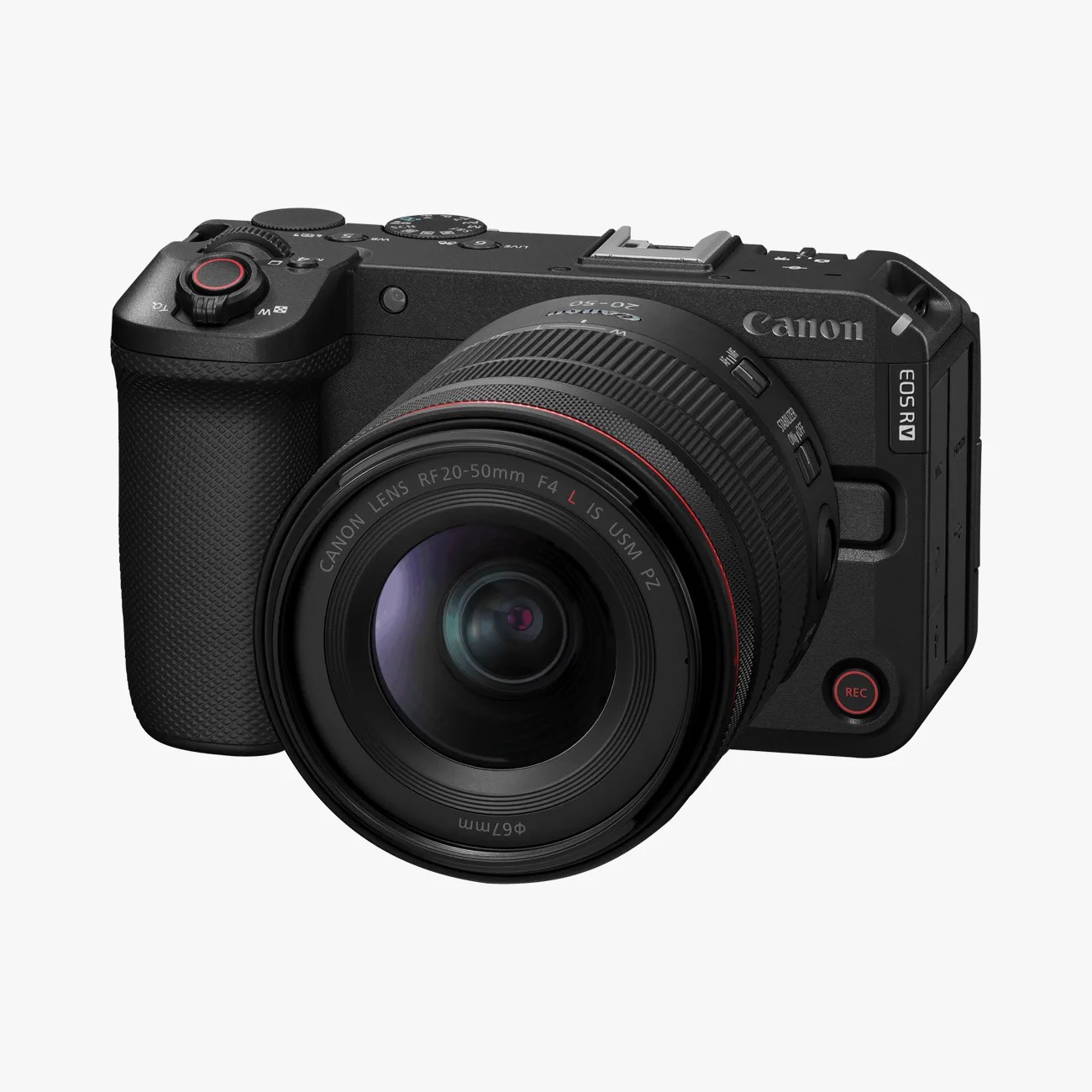 Black Canon EOS R5 RV mirrorless camera with a Canon RF 20-50mm F4 L IS USM PZ lens attached.
