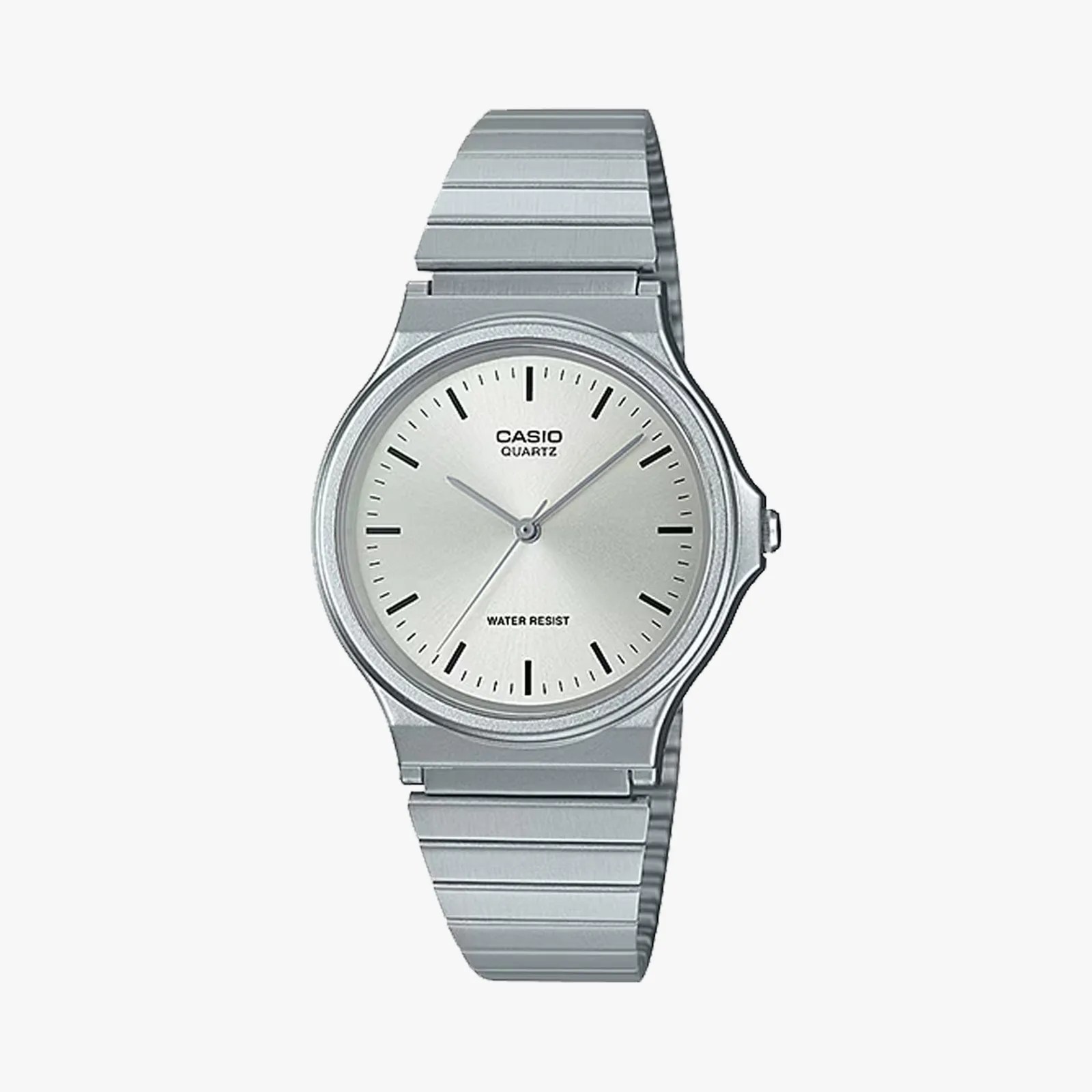 Silver Casio quartz wristwatch with a minimalist dial and metal link band.