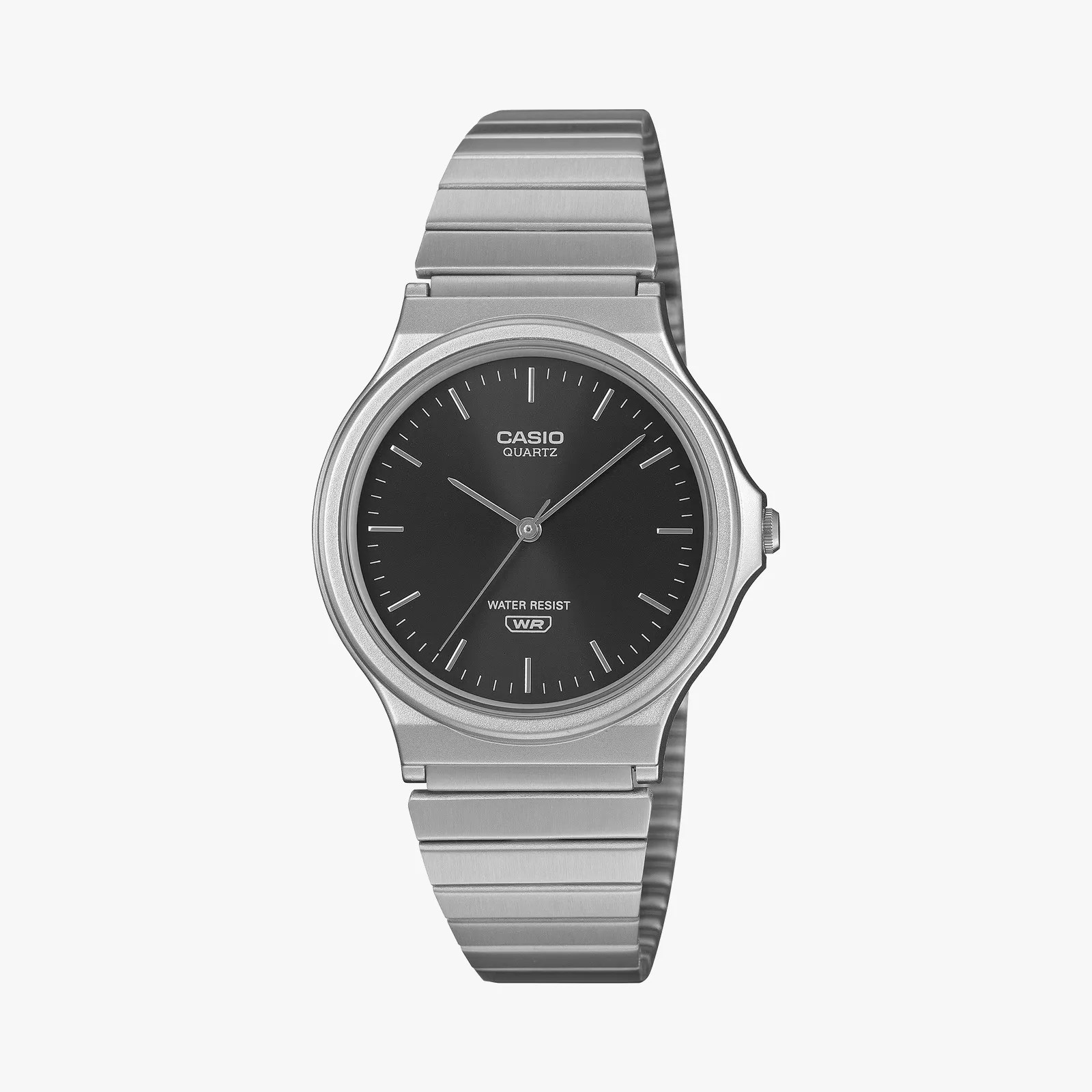 Silver Casio quartz wristwatch with black dial and metal link band.