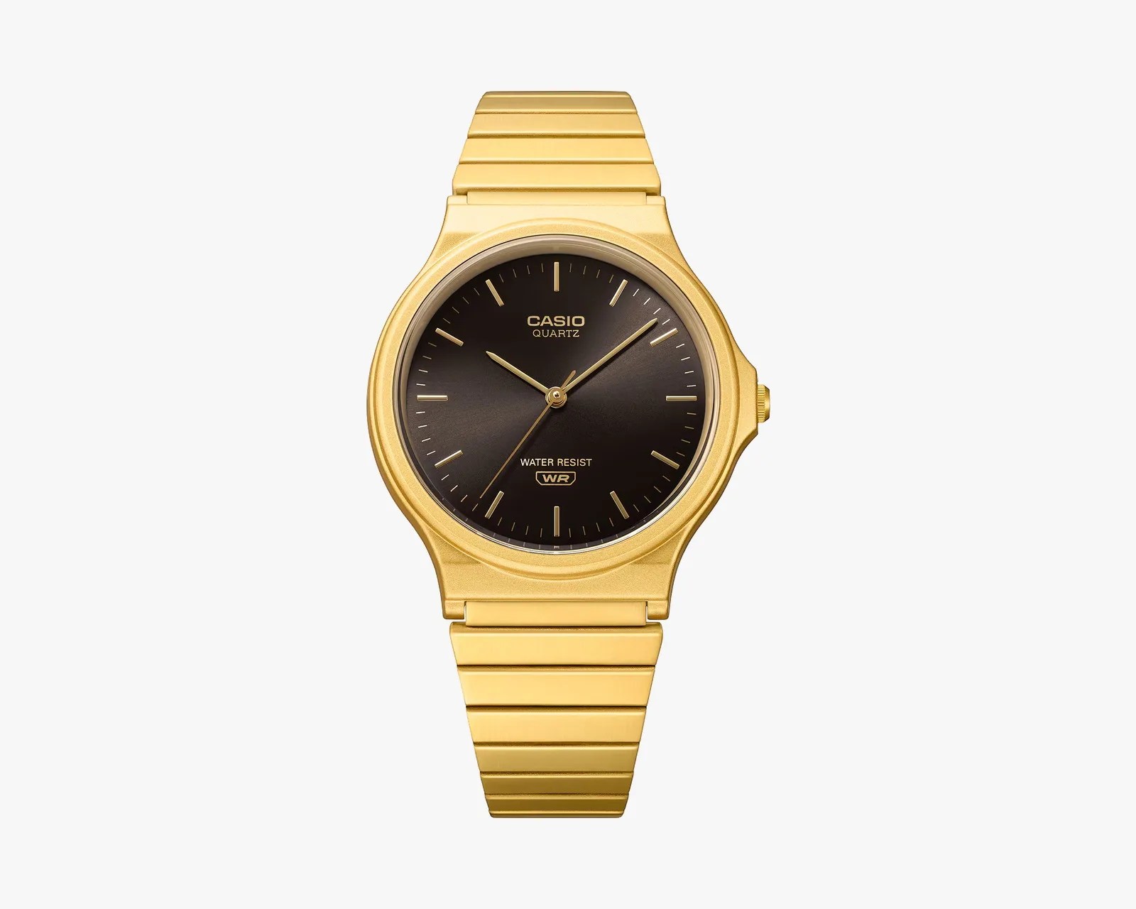 Gold-tone Casio quartz wristwatch with black dial and gold hour markers and hands.