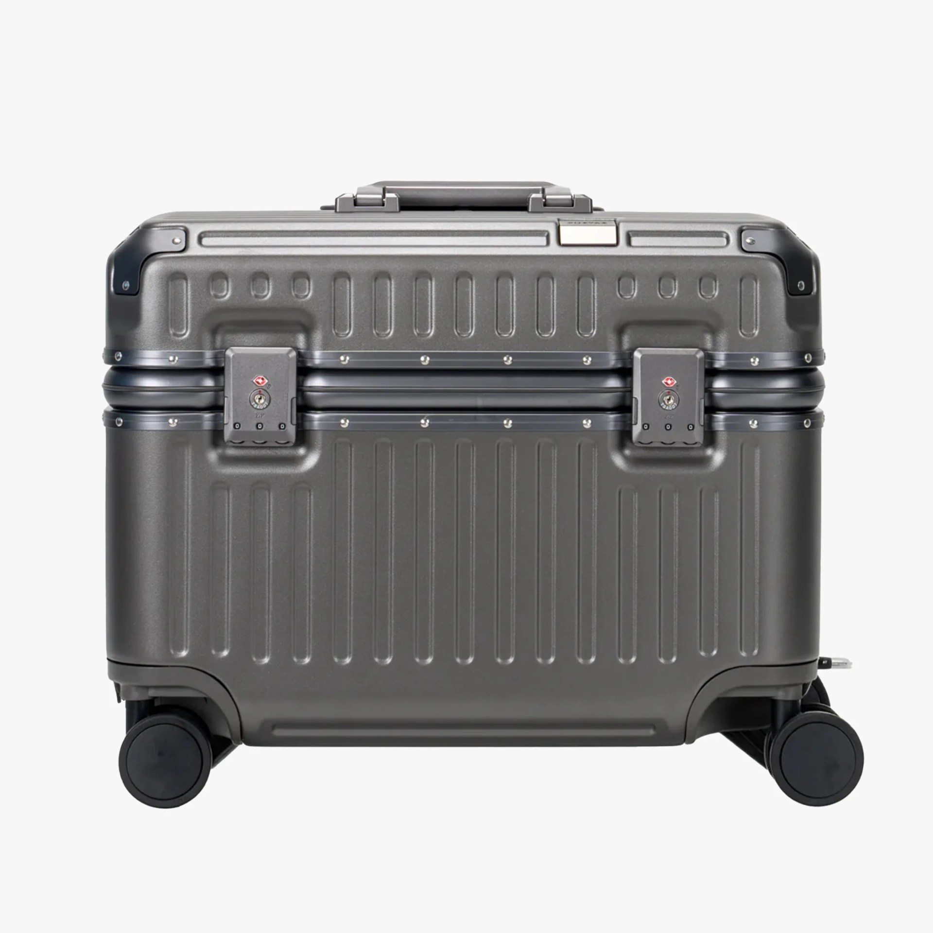 Dark gray hard-shell suitcase with dual TSA locks and four black spinner wheels.