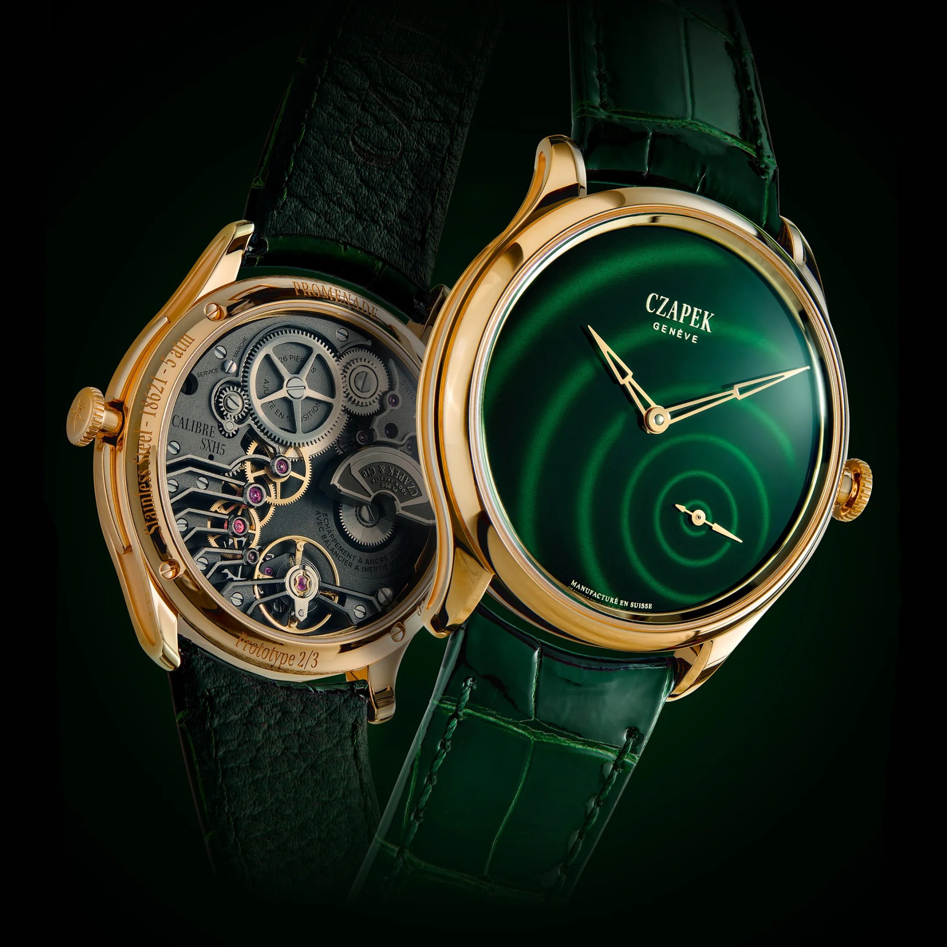 Gold wristwatch with green dial and green leather strap showing front and back mechanical movement.