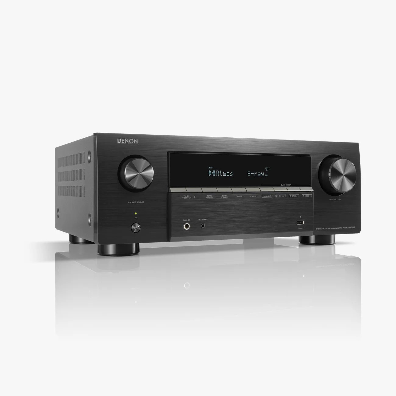 Black Denon AVR-X2900H integrated network AV receiver with display showing "Atmos" and "B-ray" inputs.