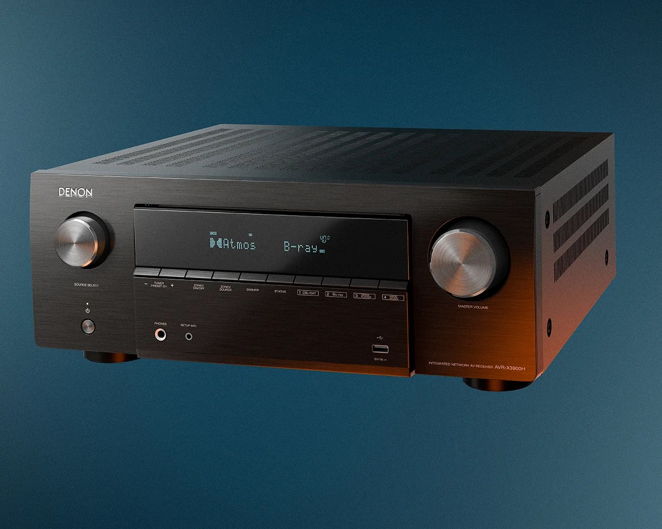 Black Denon AVR-X3900H integrated network AV receiver with digital display showing "Atmos" and "B-ray".