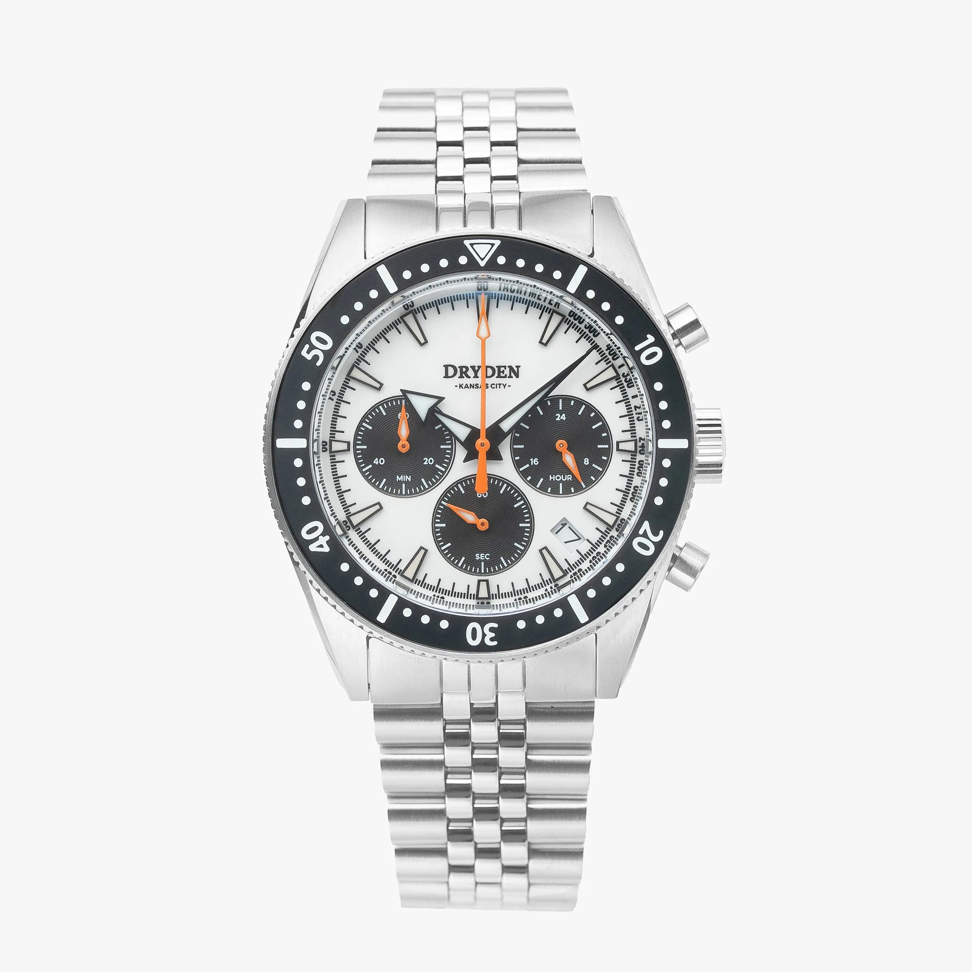 Silver metal bracelet watch with white dial, black bezel, three black subdials, and orange hands.