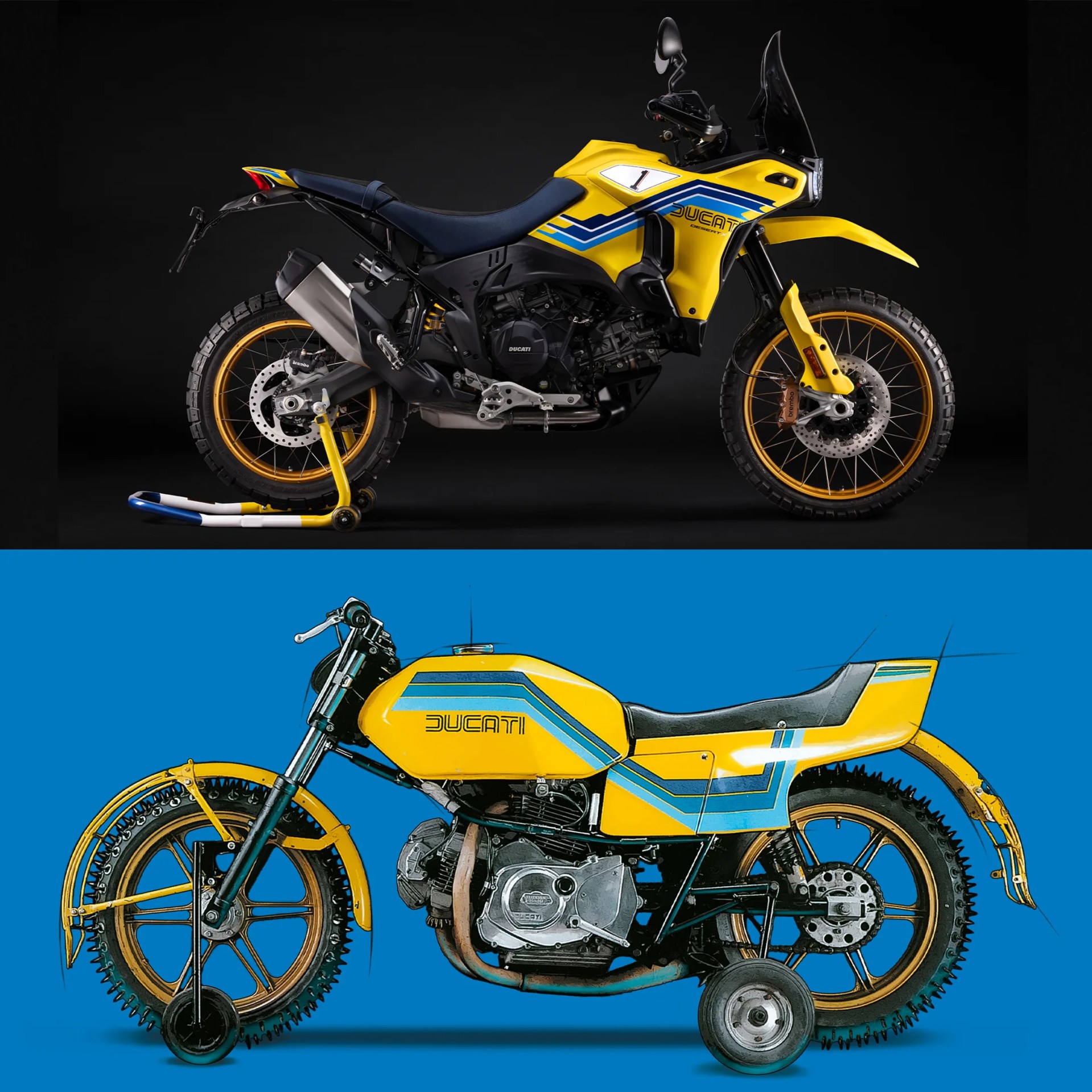Yellow Ducati motorcycle with blue stripes and training wheels on a blue background.