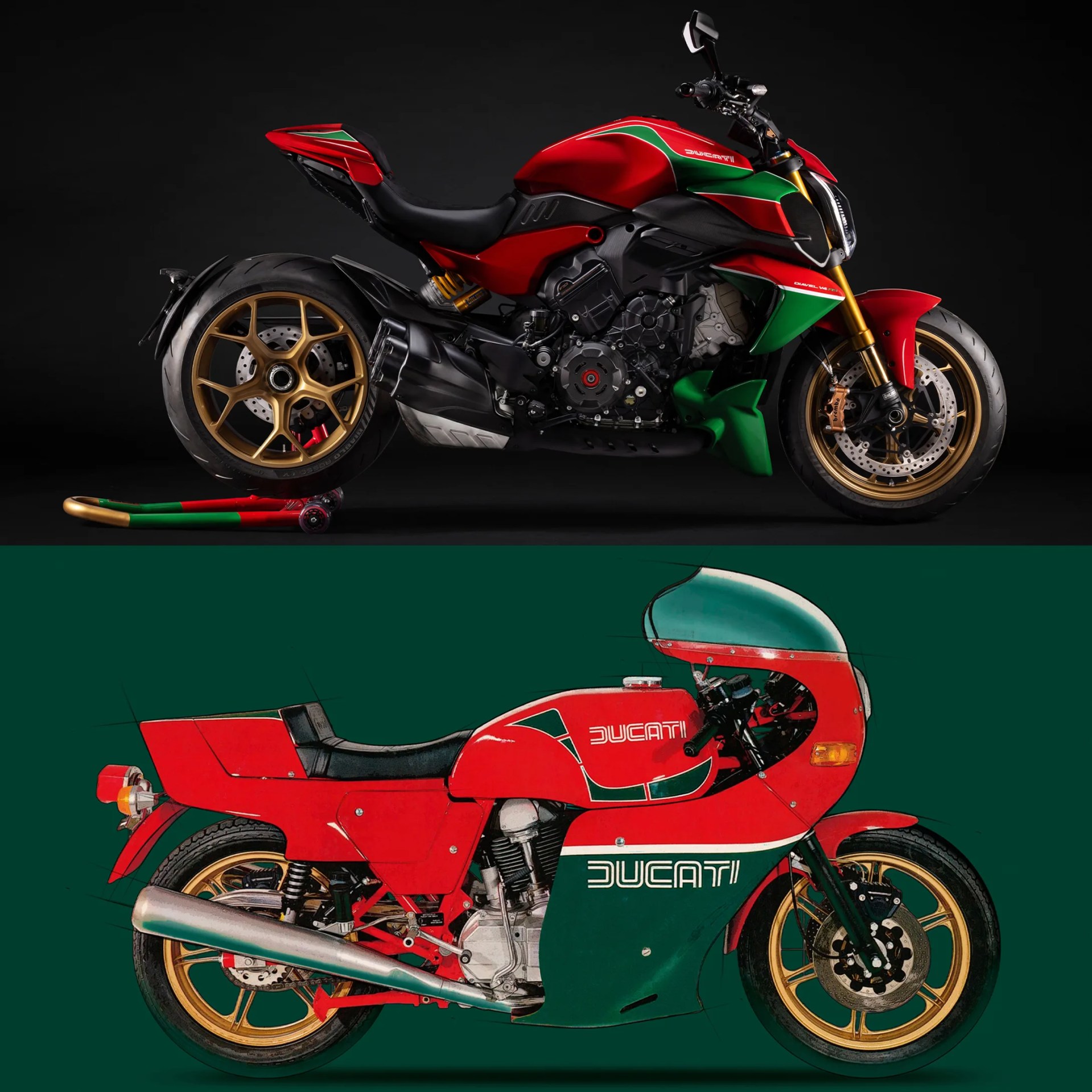 Red and green Ducati motorcycles with gold wheels, one modern and one vintage, side by side on stands.