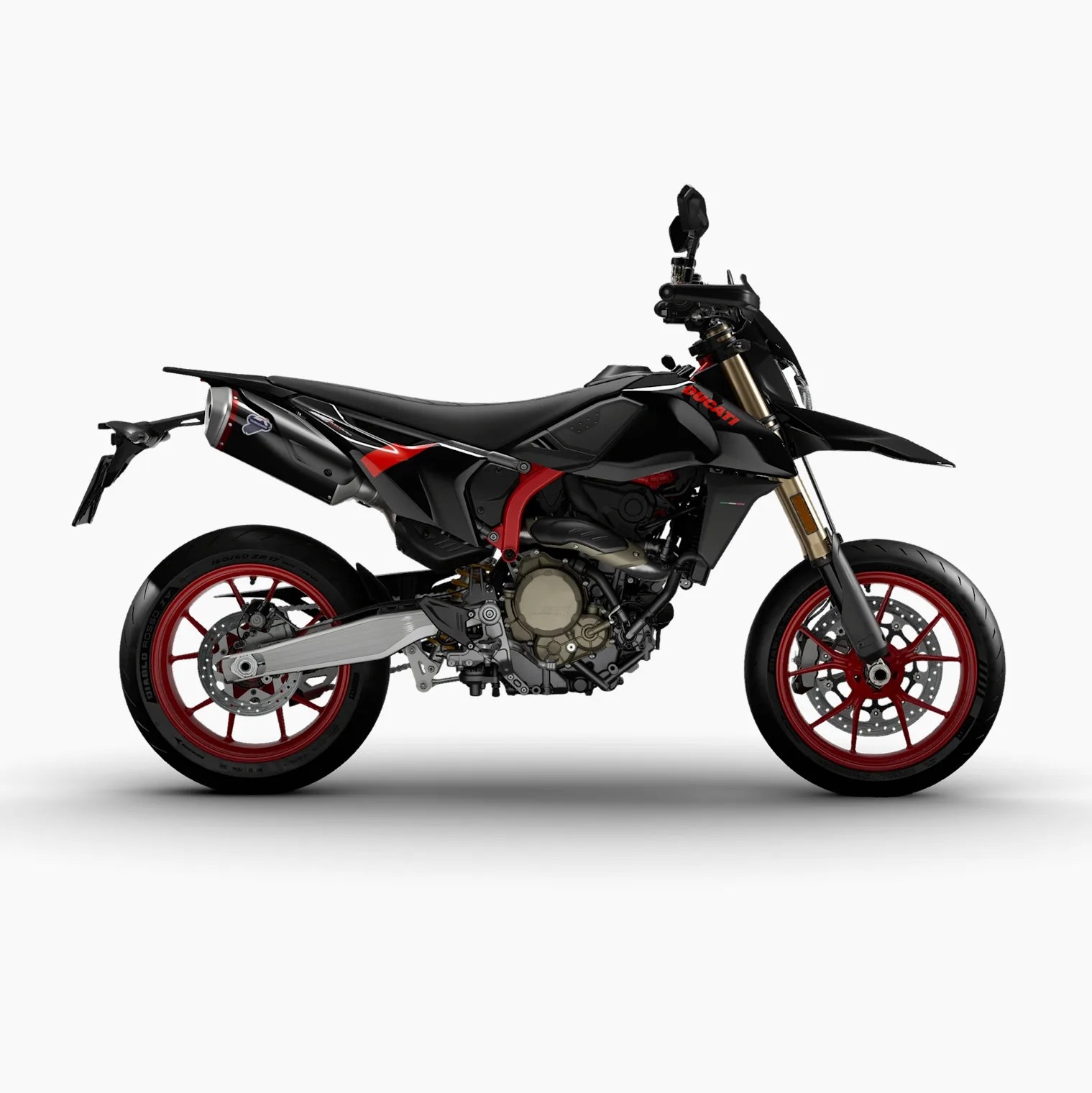 Black and red Ducati motorcycle with red rims and gold front forks on a white background.