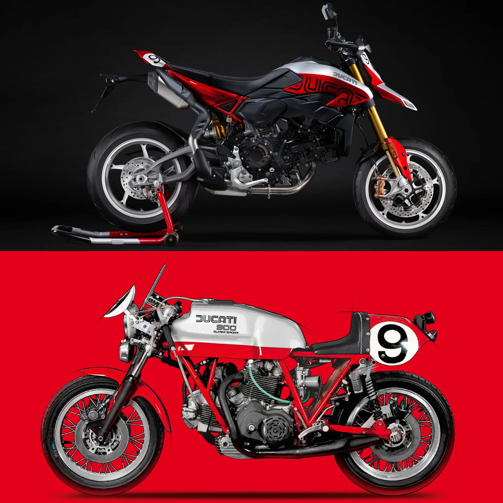 Two Ducati motorcycles side by side, one modern with red and silver body and one vintage with white and red body against black and red backgrounds.