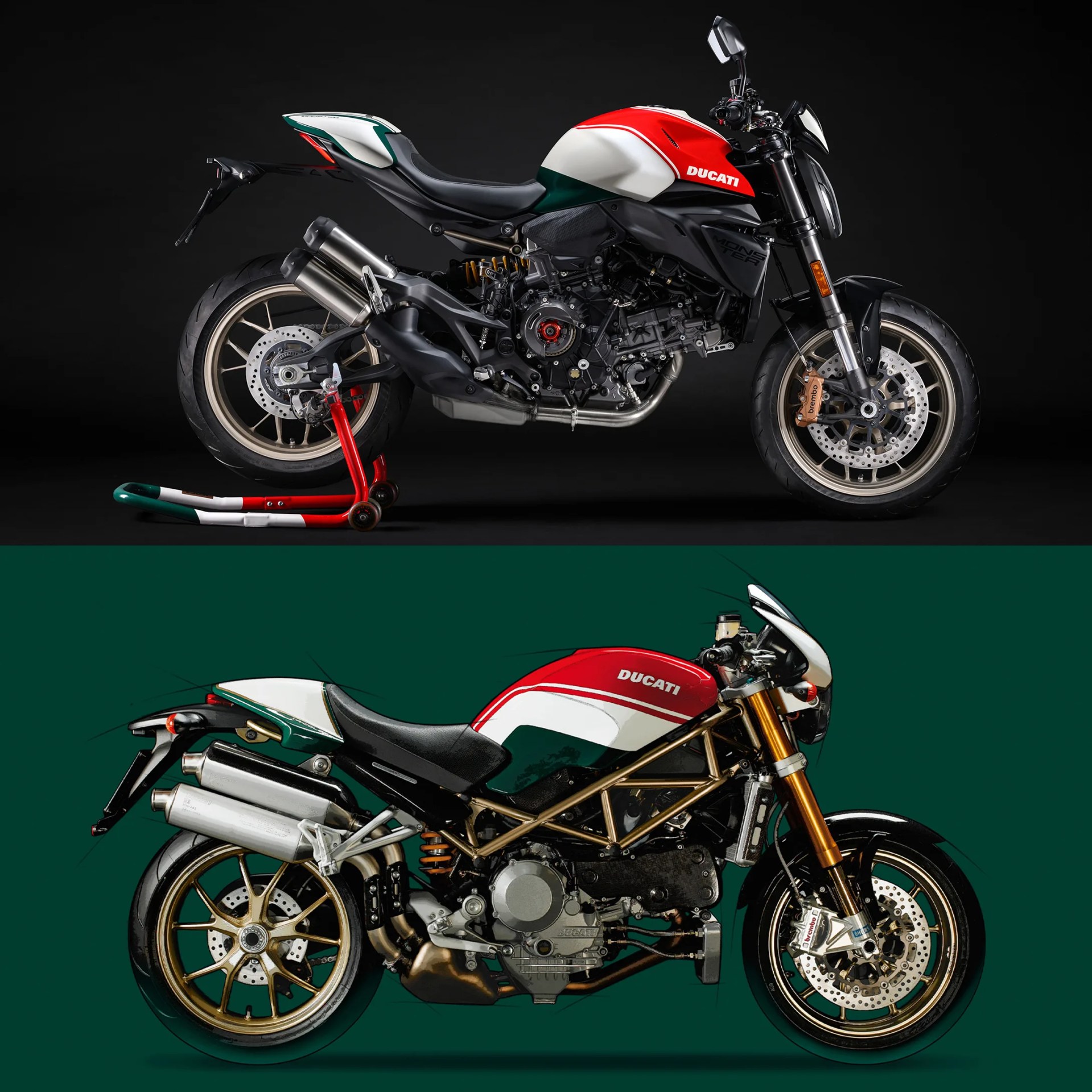 Two Ducati motorcycles with red, white, and green fuel tanks, black seats, and gold wheels, shown side view.