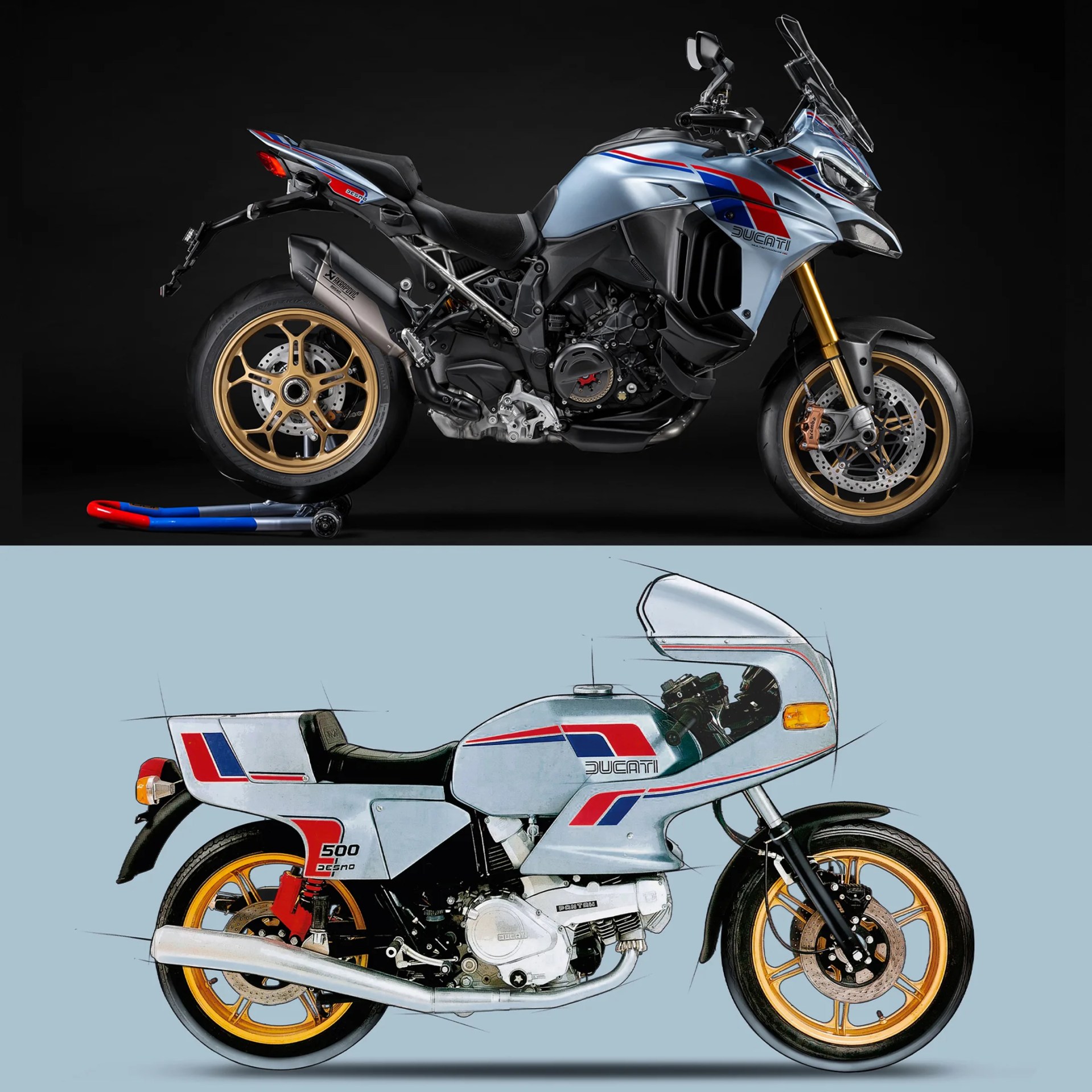 Two Ducati motorcycles side by side, one modern with blue and red accents and gold wheels, and one vintage with a full fairing and similar color scheme.