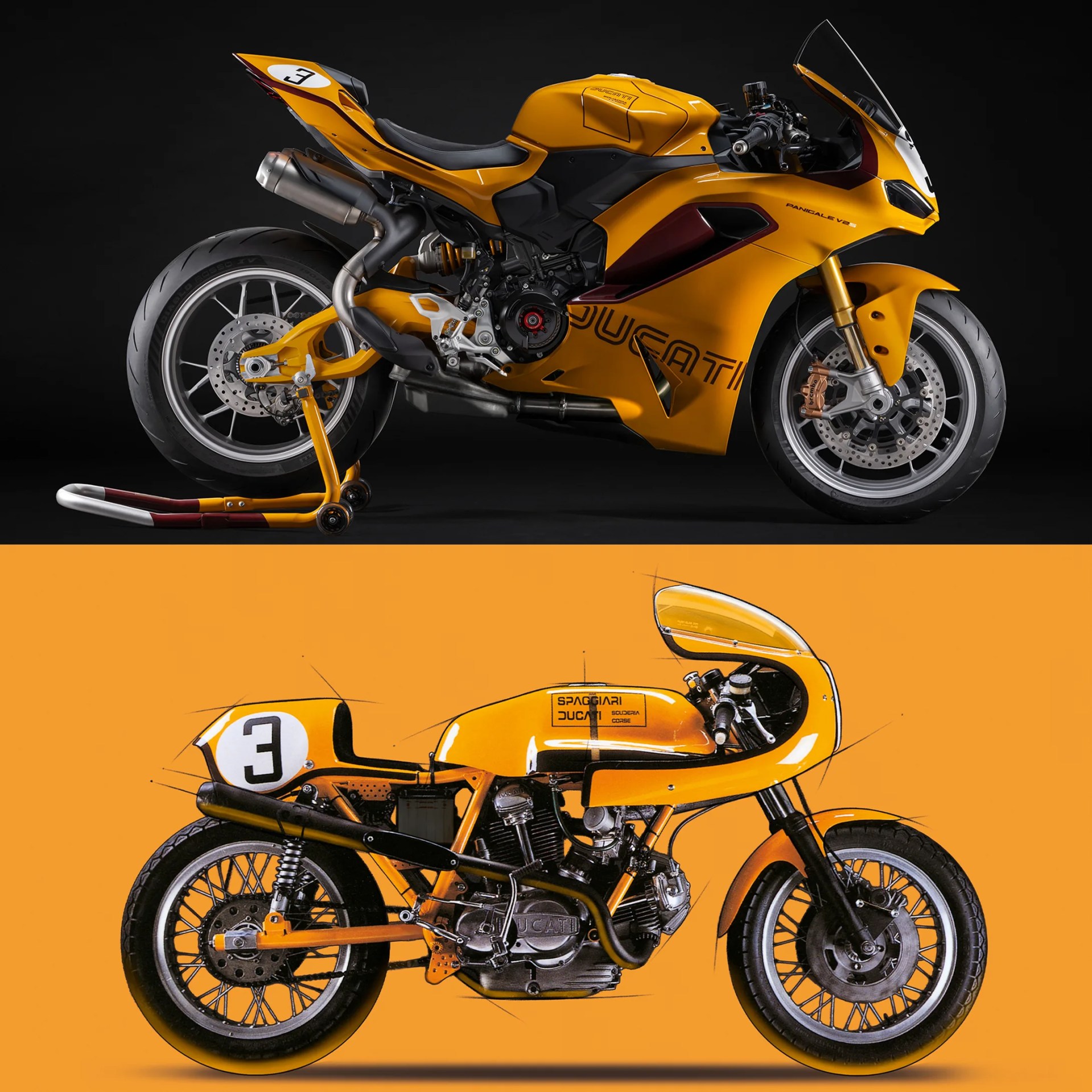 Yellow Ducati Panigale V2 sport motorcycle on a black background above a vintage yellow Ducati racing motorcycle illustration on an orange background.