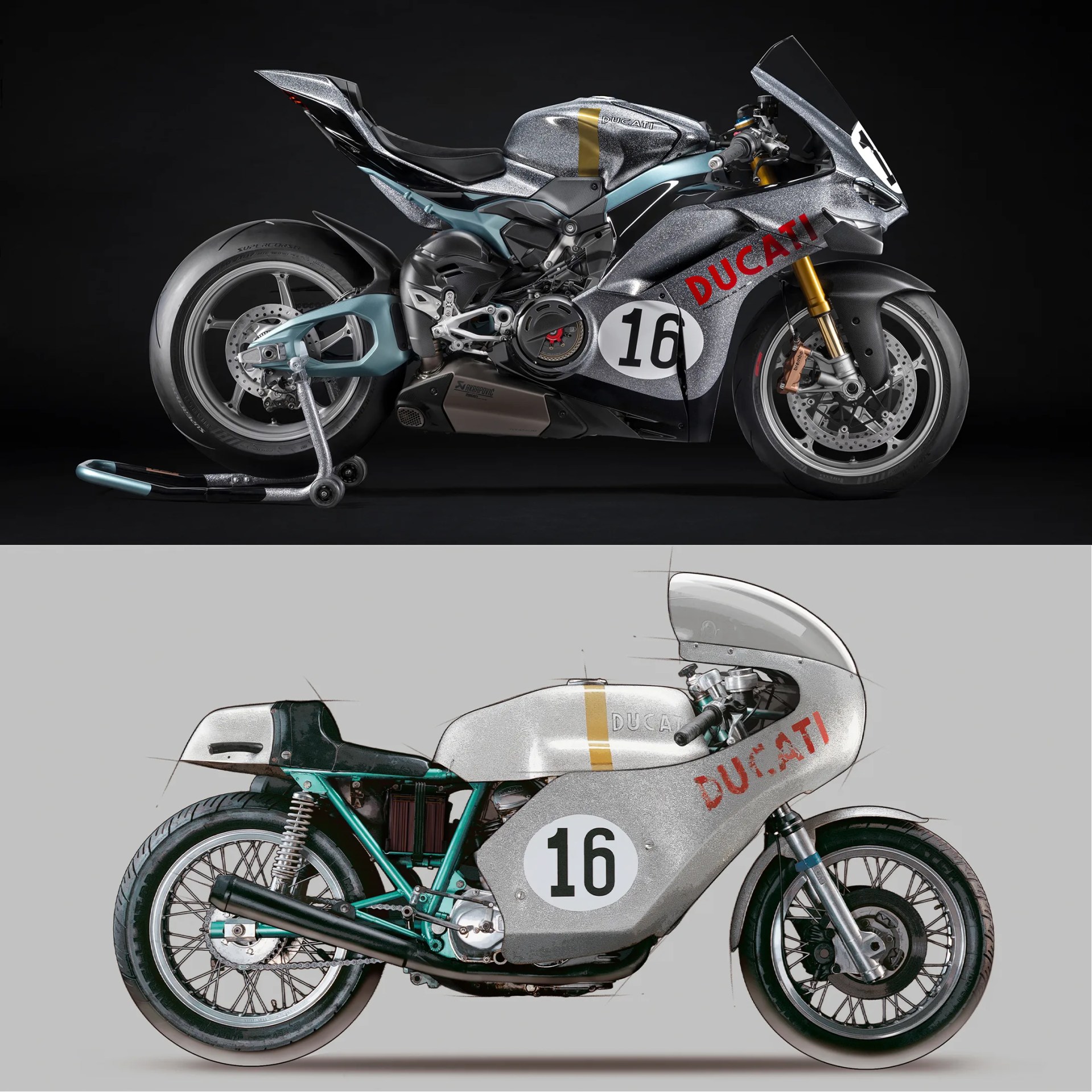 Two Ducati motorcycles side view, one modern silver with red lettering and one vintage silver with red lettering and green frame.