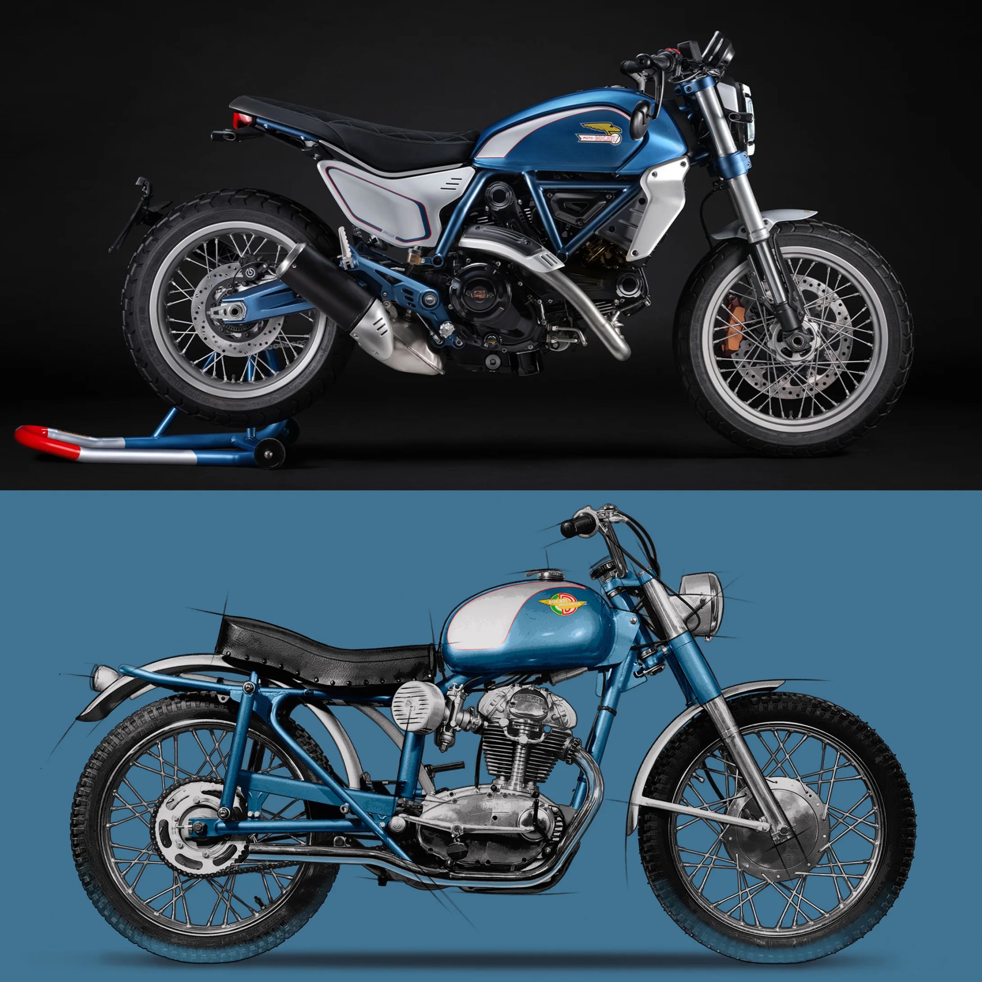 Blue and white vintage Ducati motorcycle with black leather seat and chrome engine on blue background.