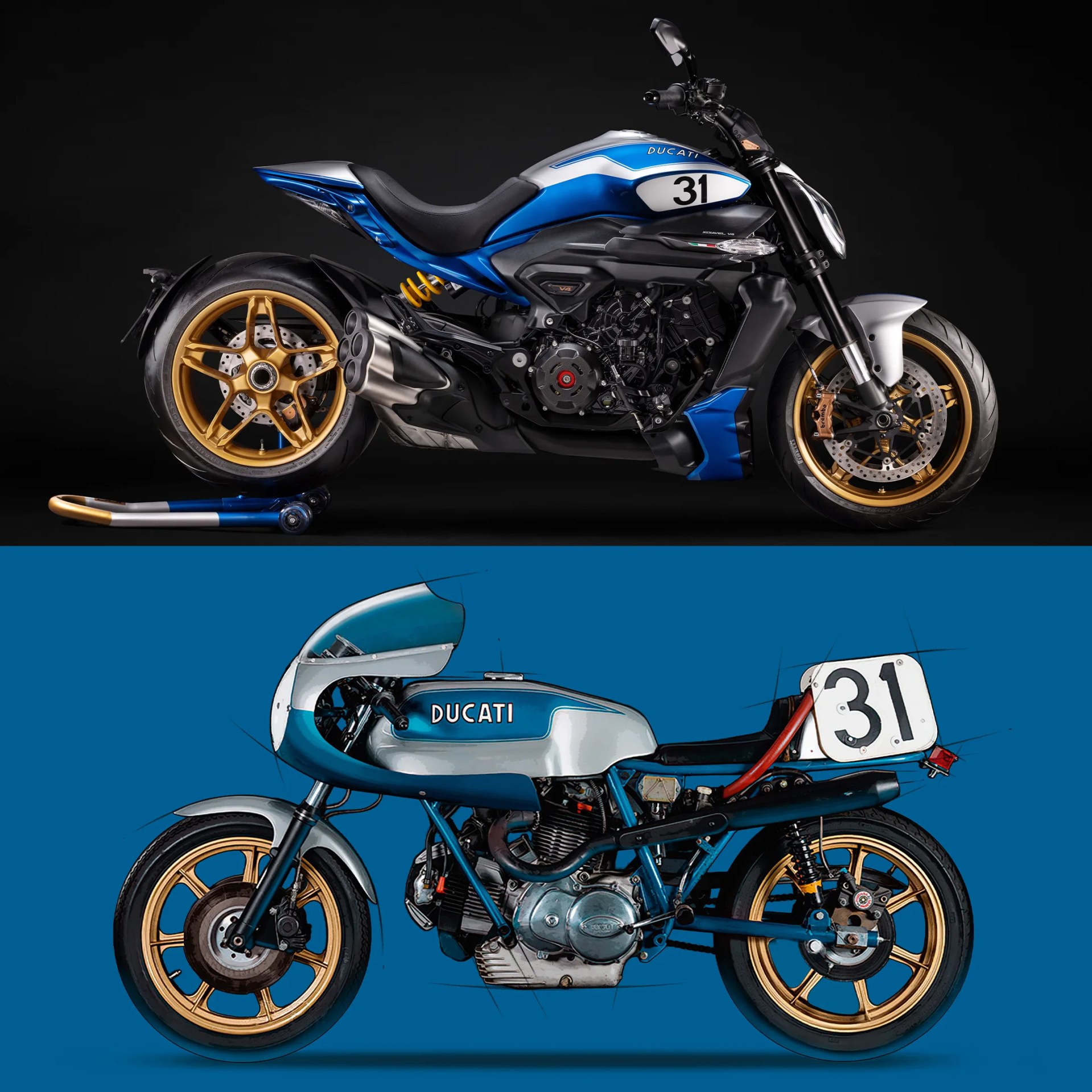 Two Ducati motorcycles side view; the top one is a modern blue and silver model with gold wheels and the number 31, and the bottom one is a vintage blue and silver model with a fairing and the number 31 on a white plate.