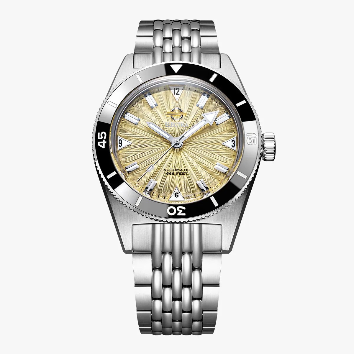 Silver stainless steel wristwatch with a textured gold dial and black bezel marked with white numerals.