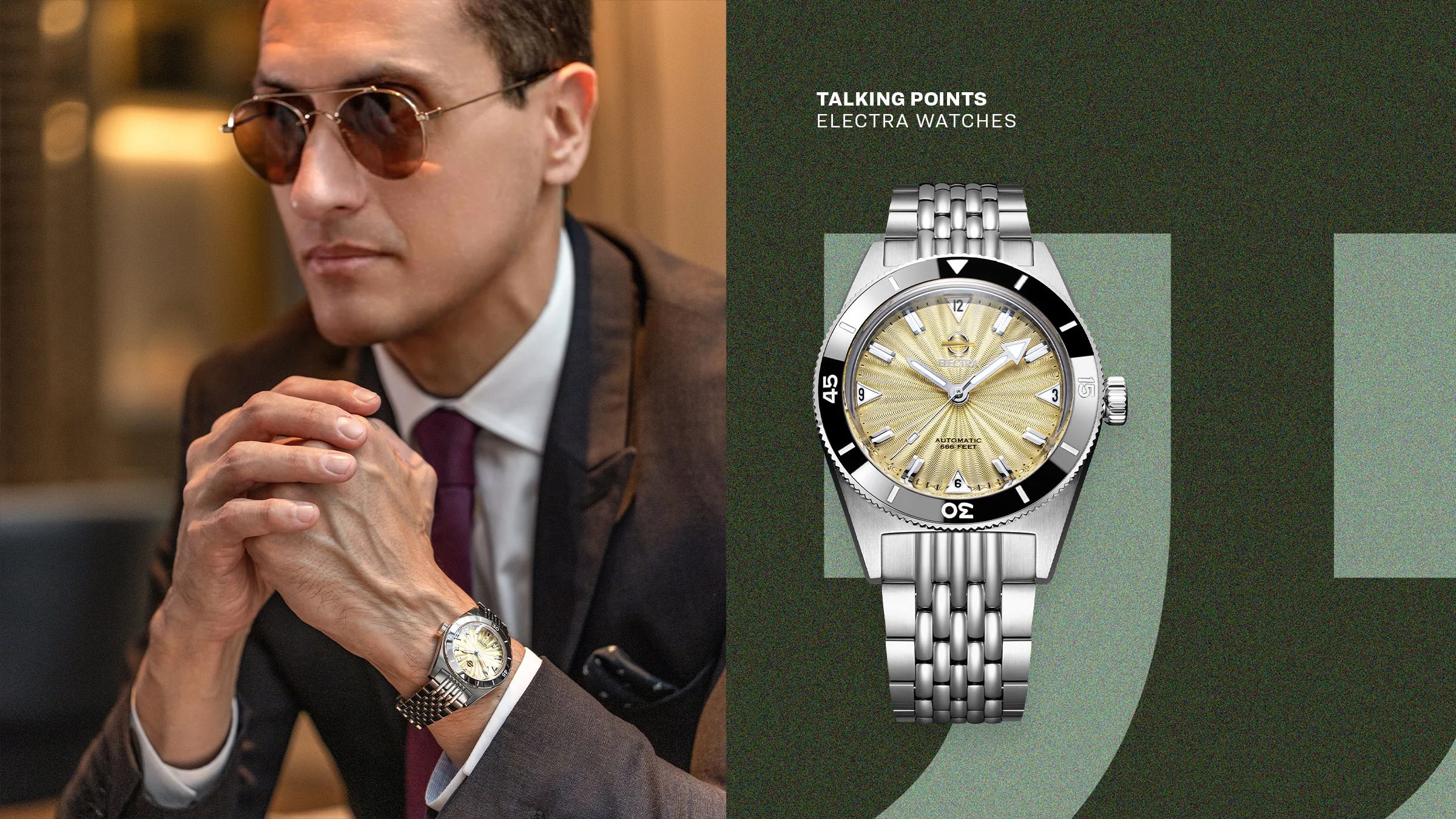 Silver metal bracelet watch with a yellow textured dial and black bezel worn on a wrist.
