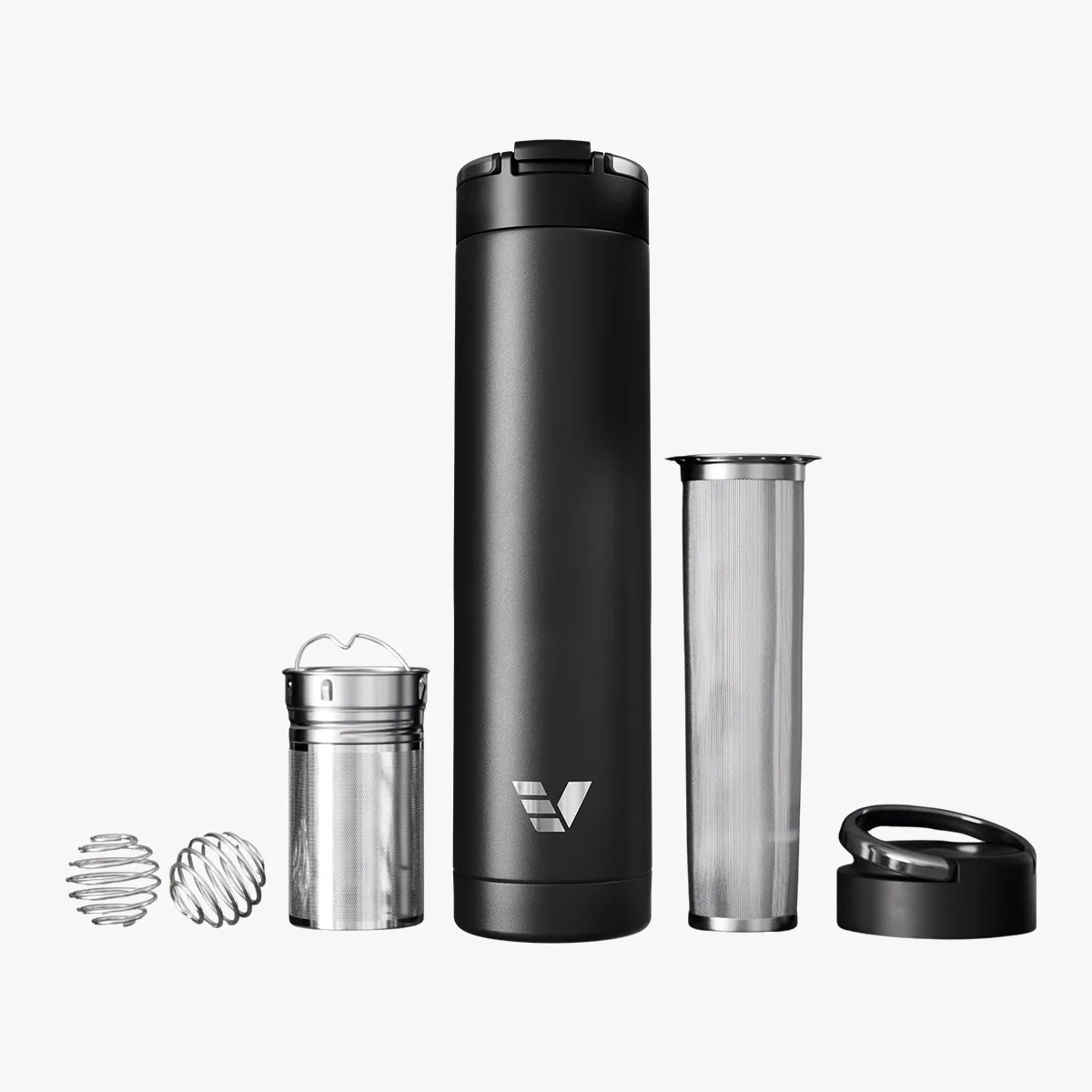 Matte black insulated bottle with two metal infusers, two metal mixing balls, and a black lid with a handle.