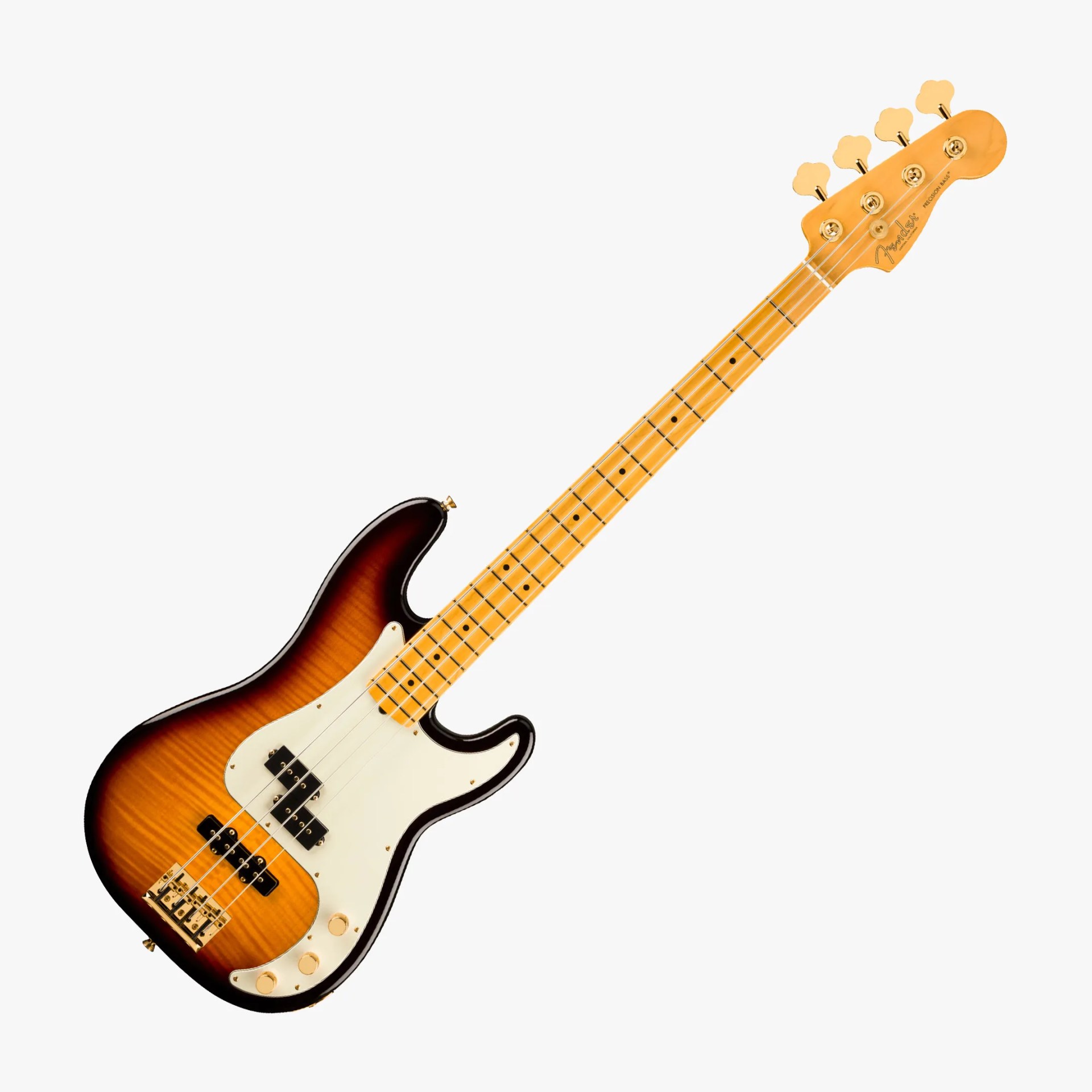 Sunburst Fender Precision Bass guitar with maple neck and white pickguard on a white background.