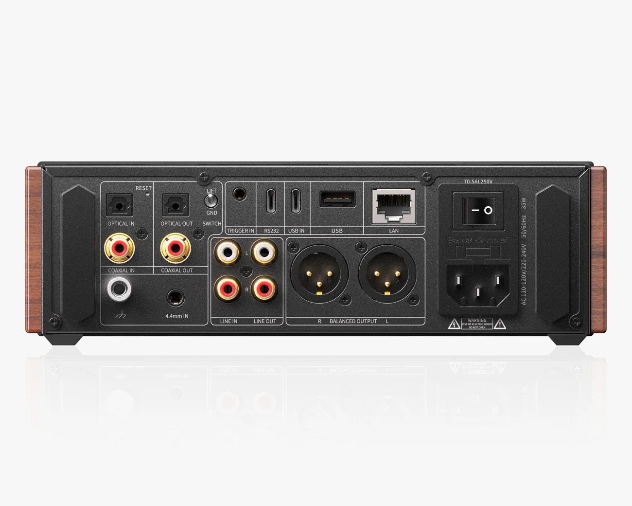 Rear panel of an audio device with optical, coaxial, RCA, balanced XLR, USB, LAN ports, and power switch.