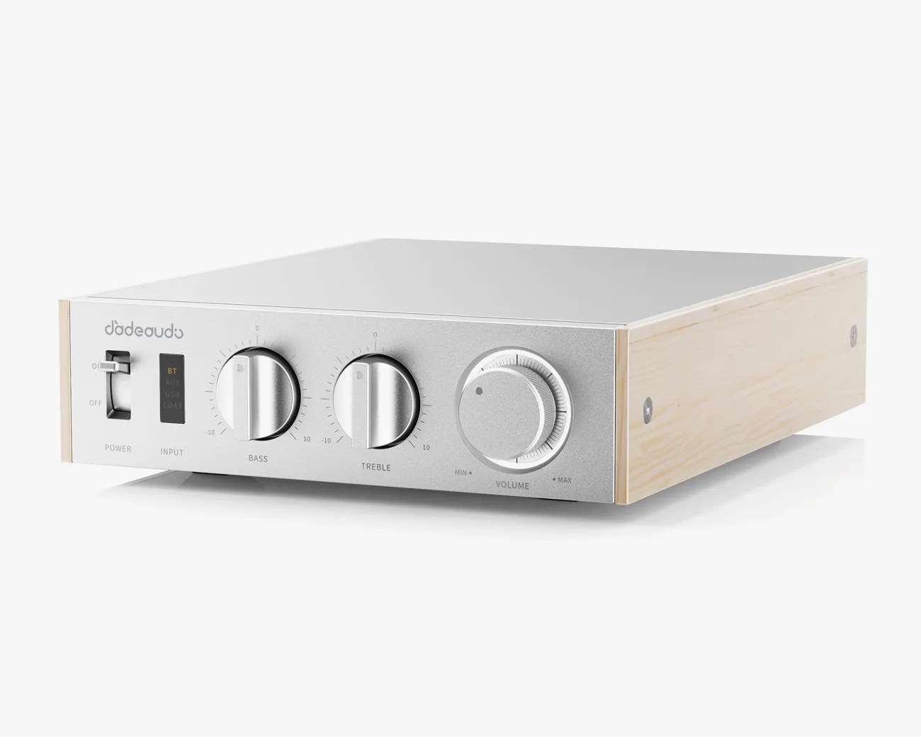 Silver audio amplifier with wooden side panels and knobs for power, input, bass, treble, and volume.