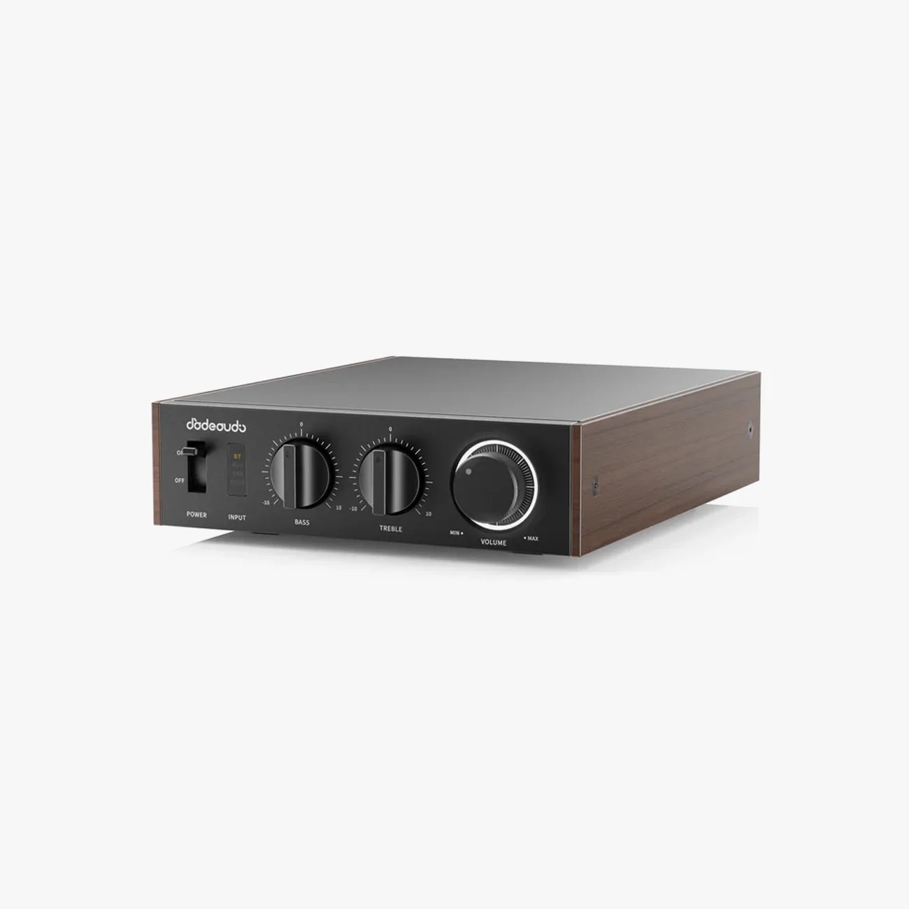 Black audio amplifier with wooden side panels and knobs for bass, treble, and volume controls.