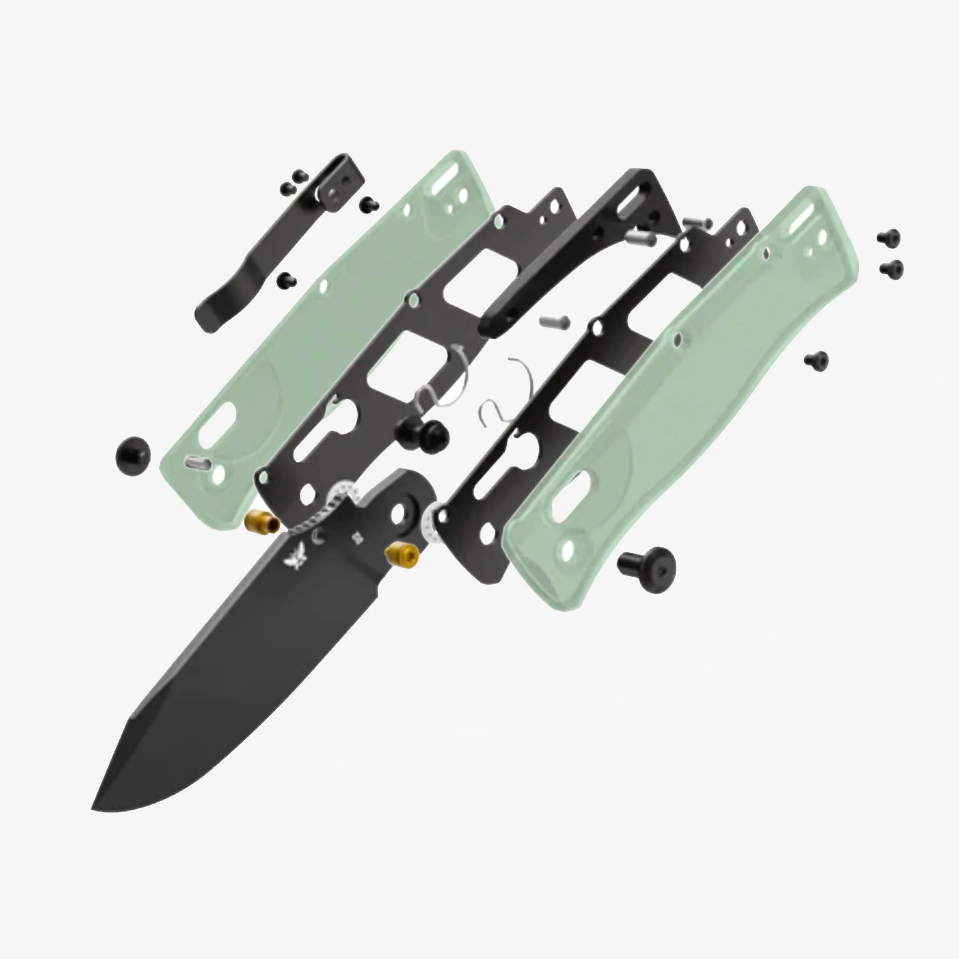 Exploded view of a black folding knife showing blade, internal metal frame, translucent green handle scales, and screws.