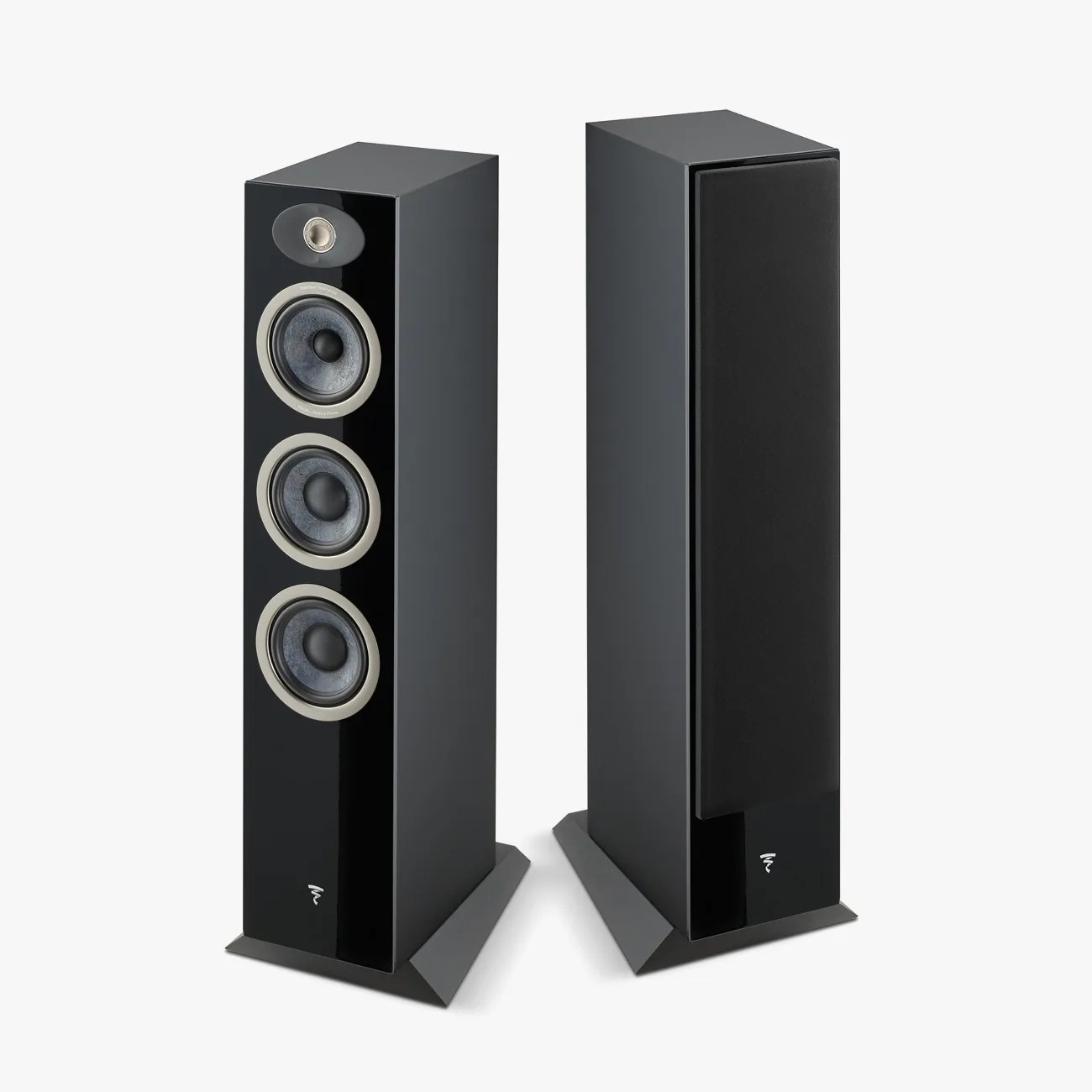 Pair of tall black floor-standing speakers, one with grille cover on, the other showing three drivers.
