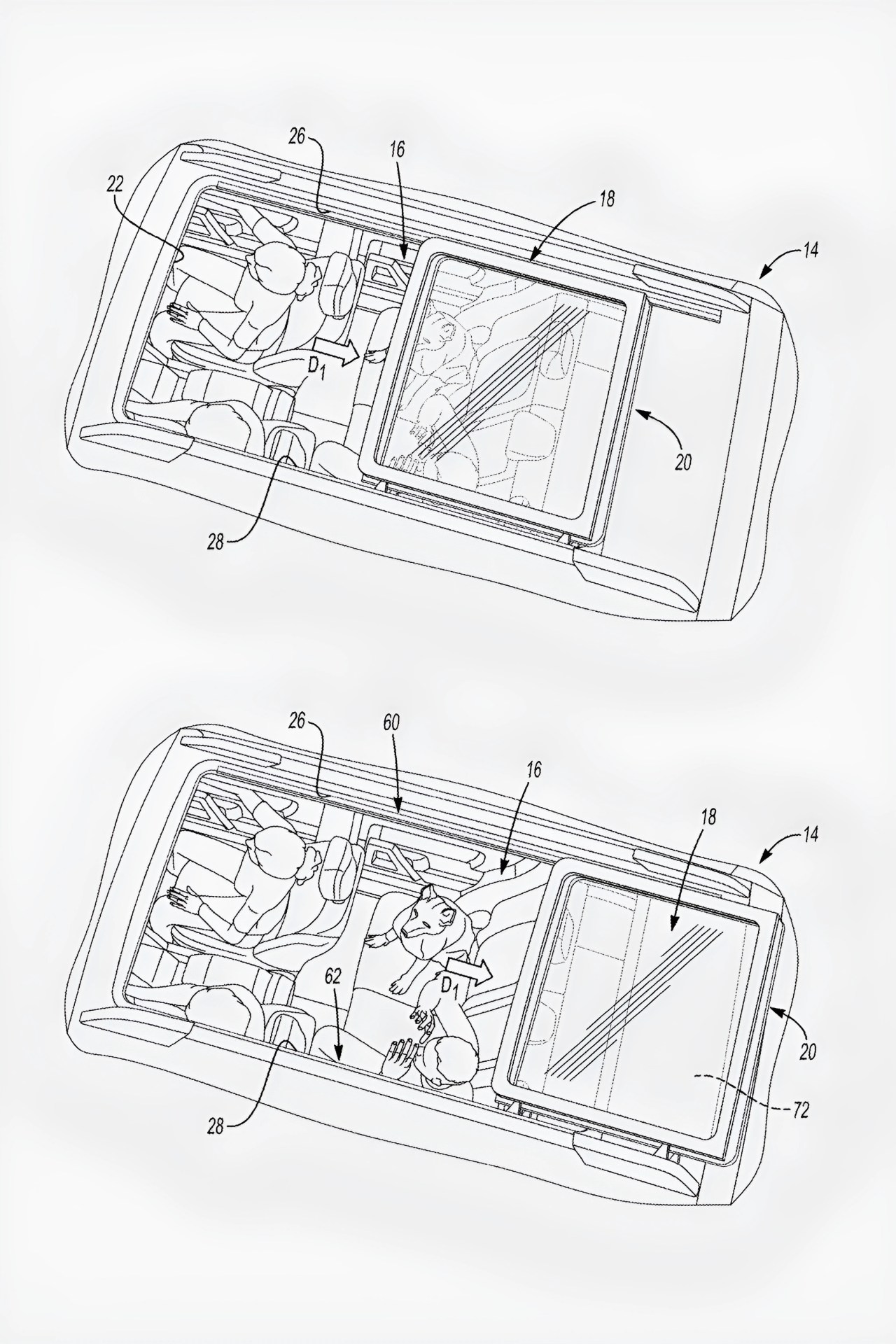 Top-down technical drawings of a vehicle interior showing two seating arrangements, one with two passengers and one with two passengers and a dog.