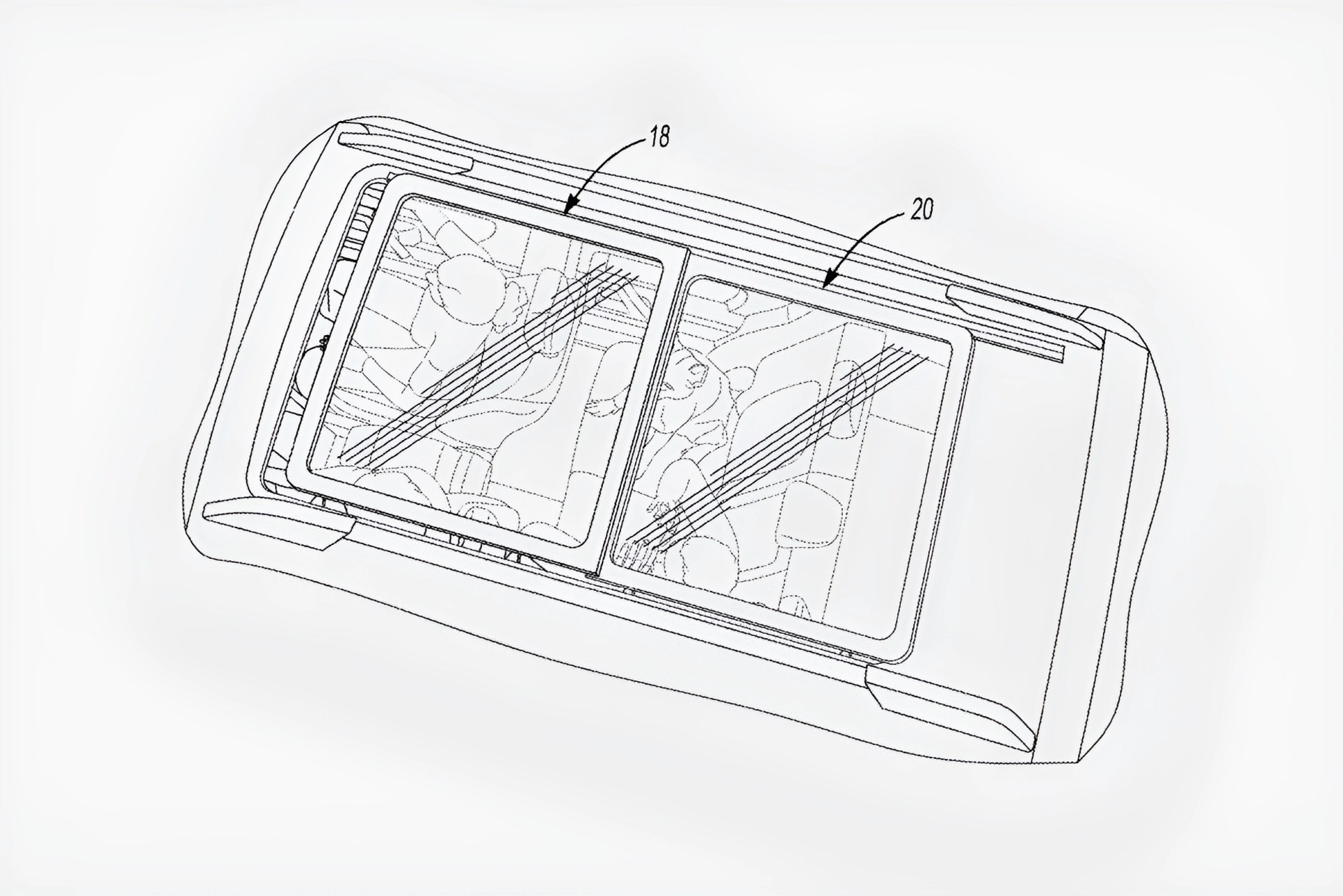 Top view line drawing of a vehicle with two sunroofs labeled 18 and 20, showing interior seating and occupants.