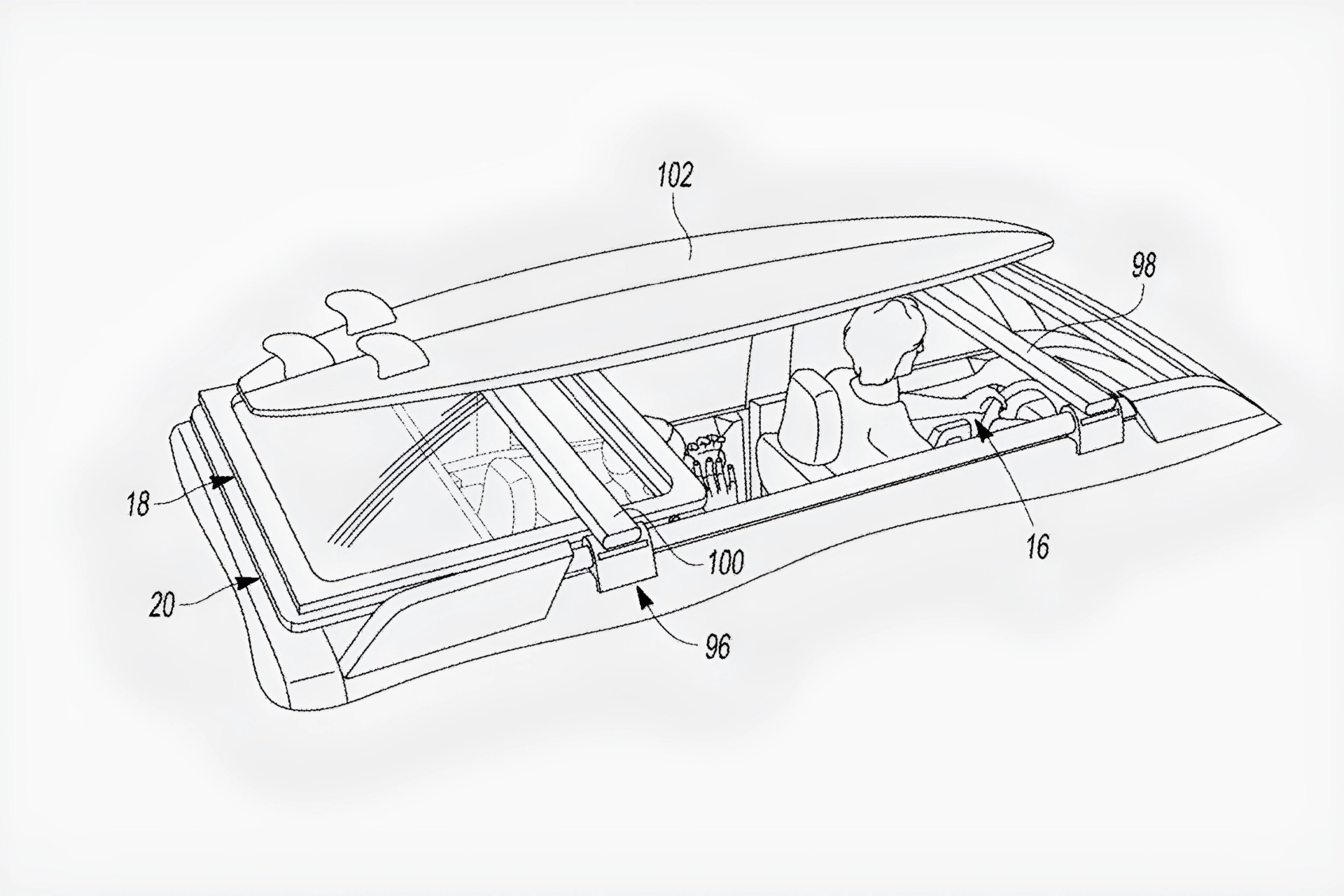 Line drawing of a car interior with a surfboard mounted on the roof and labeled parts including seats, steering wheel, and roof rails.