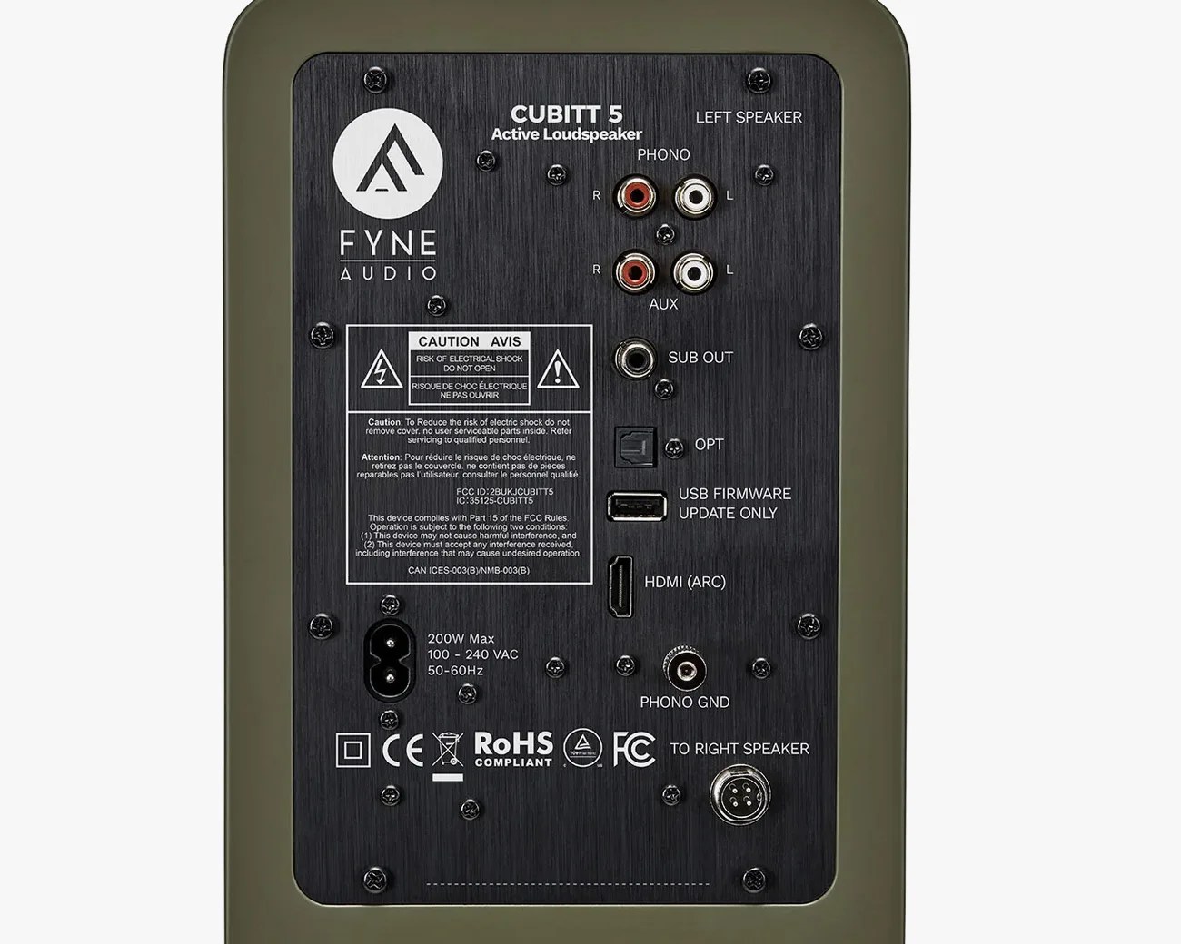 Back panel of a Fyne Audio Cubitt 5 active loudspeaker with various input/output ports and caution labels.