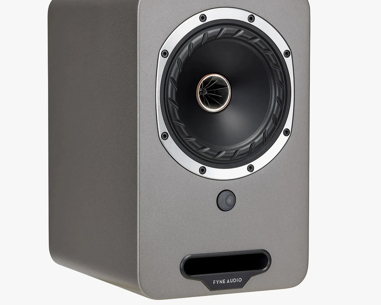 Gray rectangular Fyne Audio speaker with a large black cone driver and a front bass port.