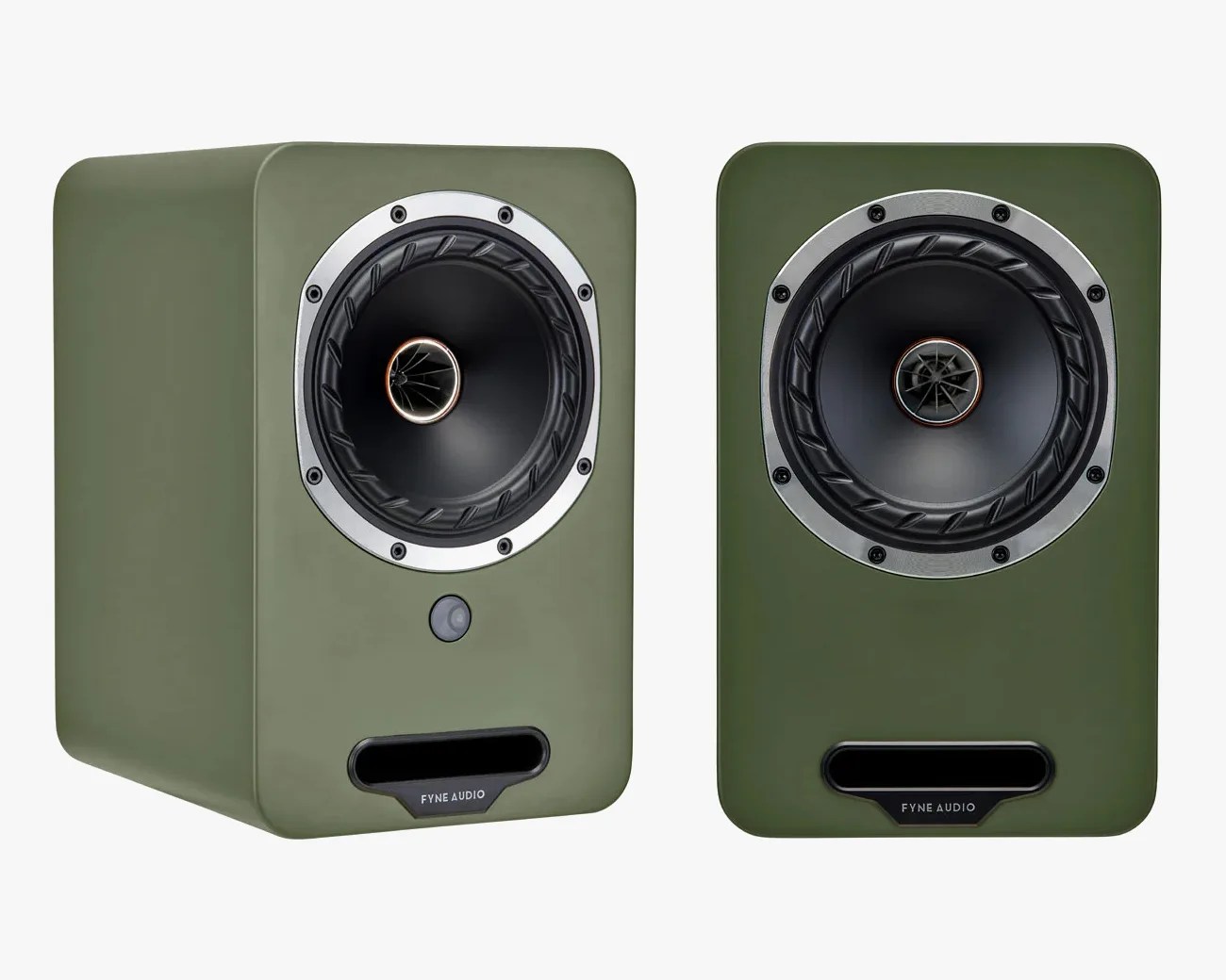 Pair of olive green Fyne Audio speakers with black drivers and silver trim rings on a white background.