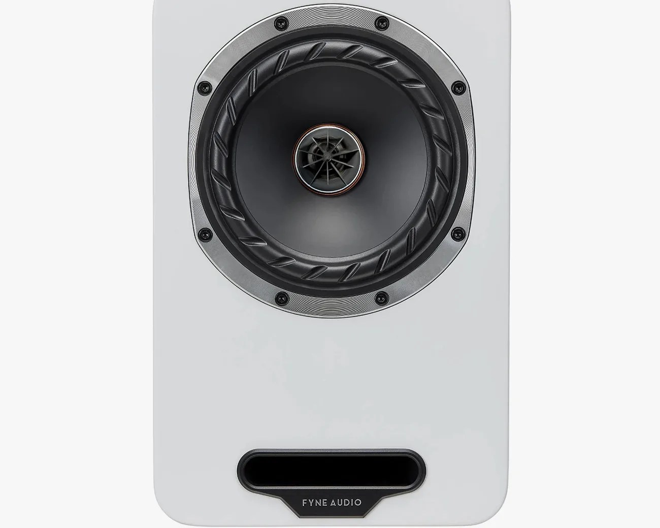 White rectangular Fyne Audio speaker with a large black circular driver and a horizontal port at the bottom.
