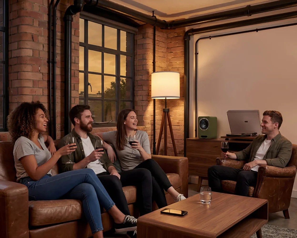Four people sitting on brown leather couches in a cozy living room with exposed brick walls, holding wine glasses.