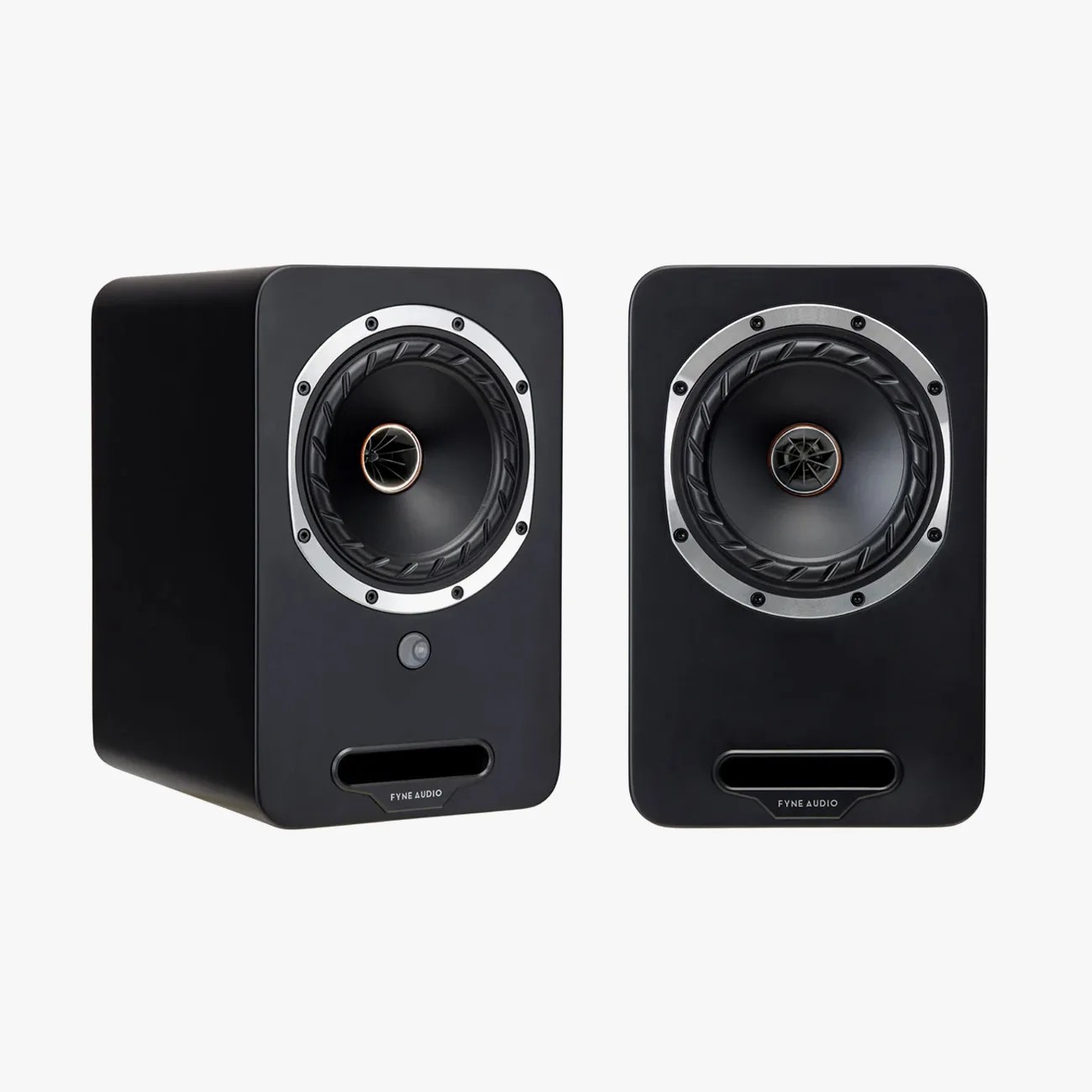 Pair of black Fyne Audio bookshelf speakers with silver-rimmed drivers and front bass ports.
