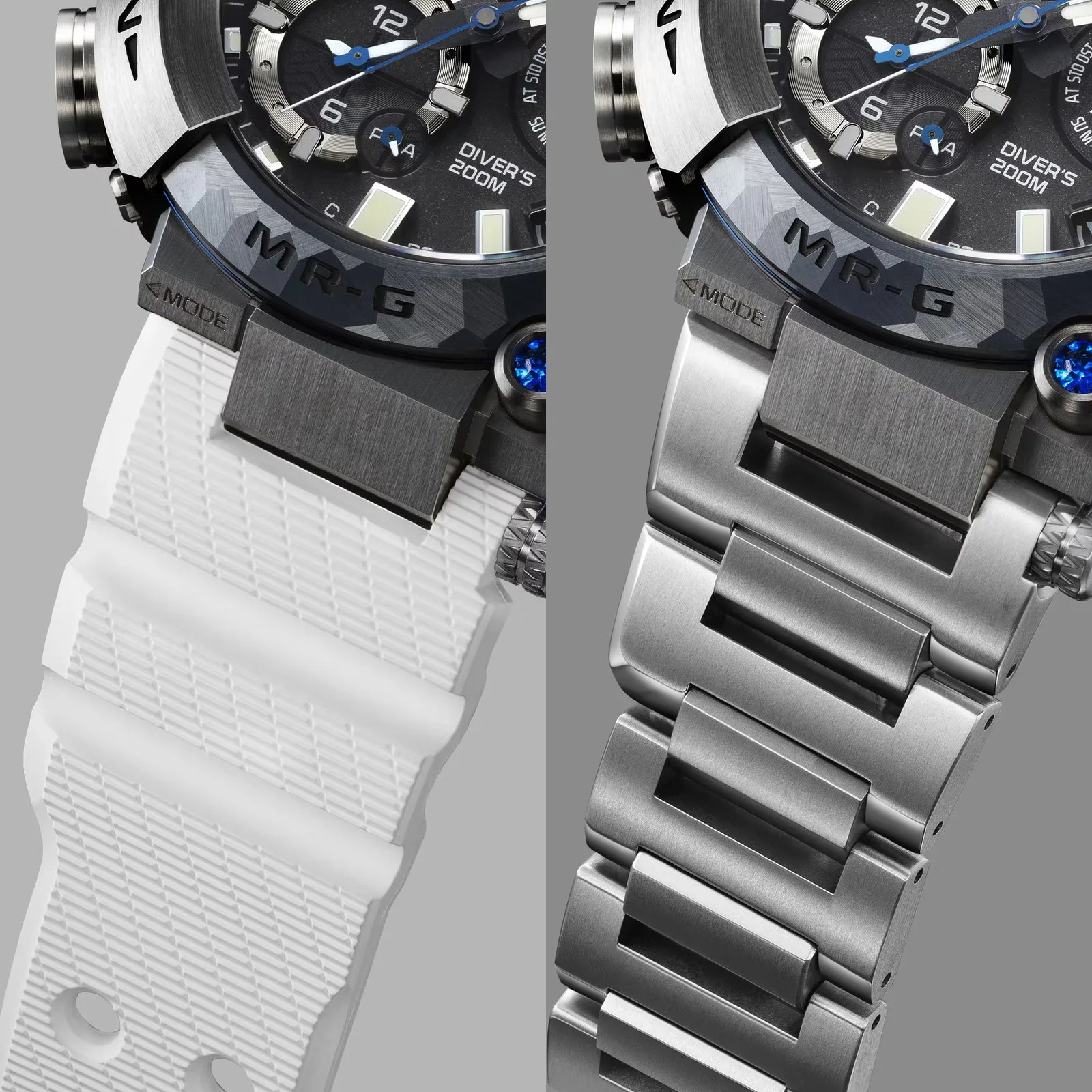 Close-up comparison of a black and silver MR-G diver's watch with a white textured rubber strap on the left and a silver metal link bracelet on the right.