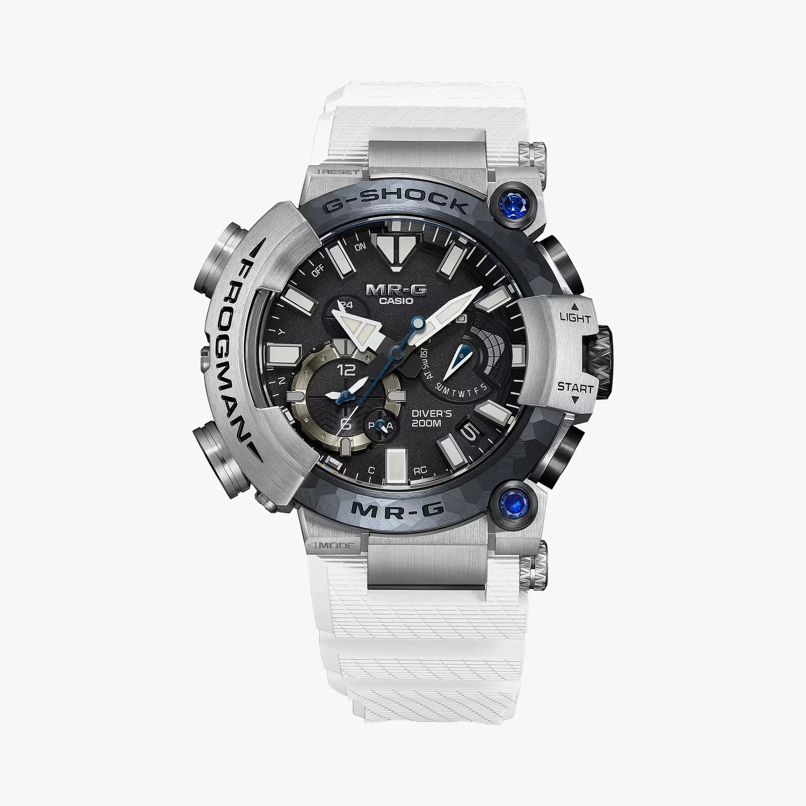 Silver Casio G-Shock MR-G Frogman diver's watch with black dial, blue accents, and white textured strap.