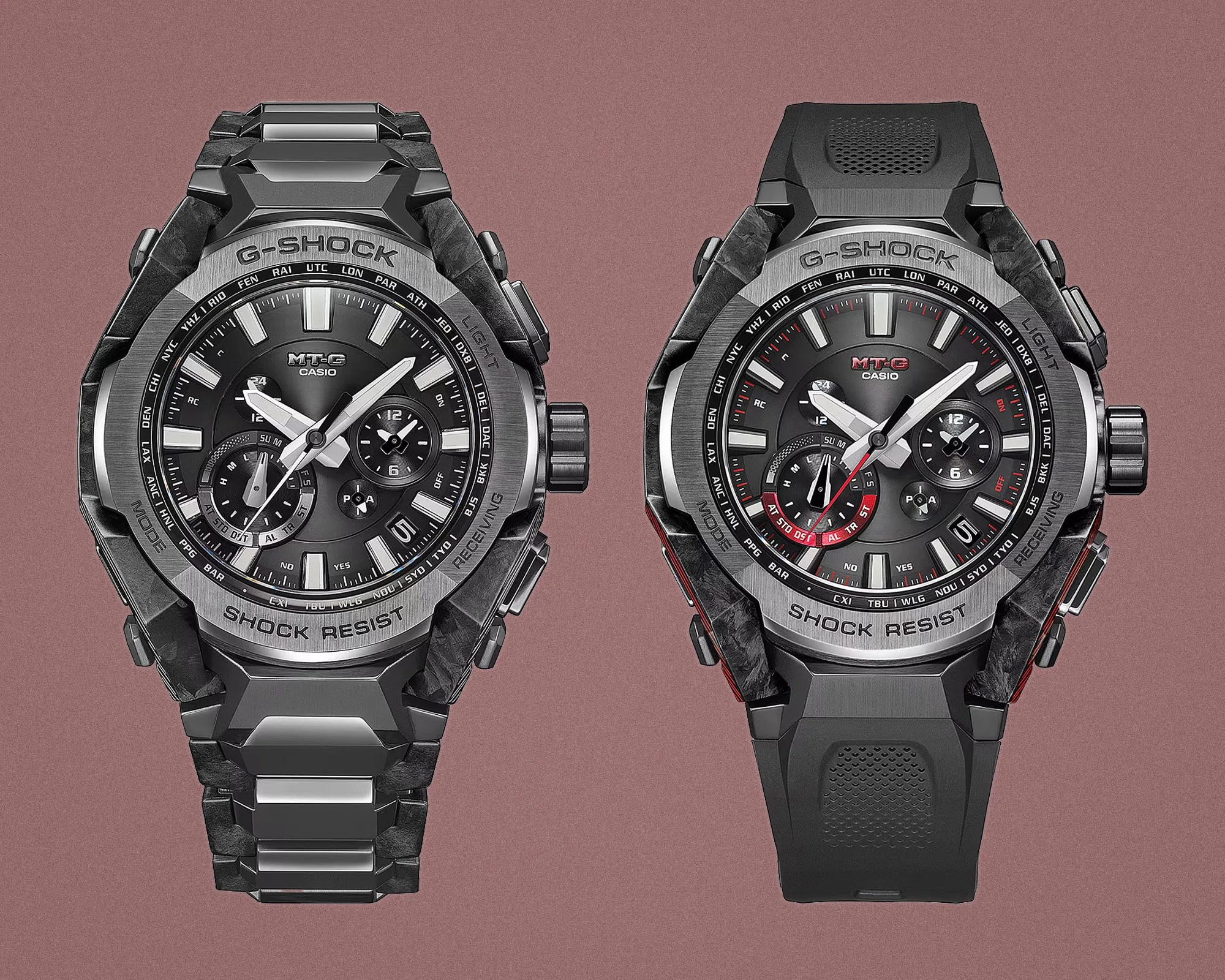 Two black Casio G-Shock MT-G watches side by side, one with a metal and resin band and the other with a black rubber strap, on a mauve background.