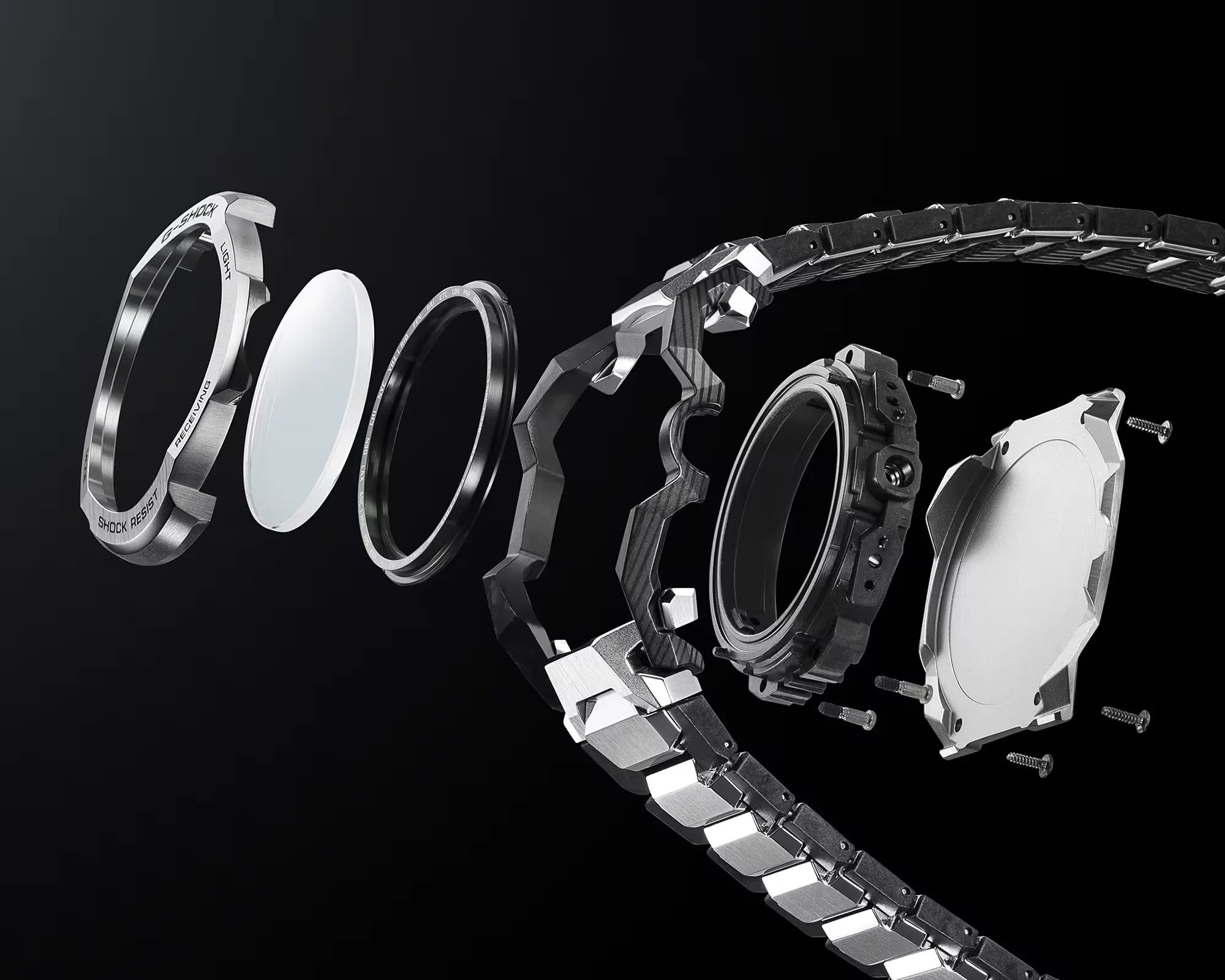 Exploded view of a silver metal G-Shock watch showing its bezel, glass, internal rings, case, screws, and linked bracelet.