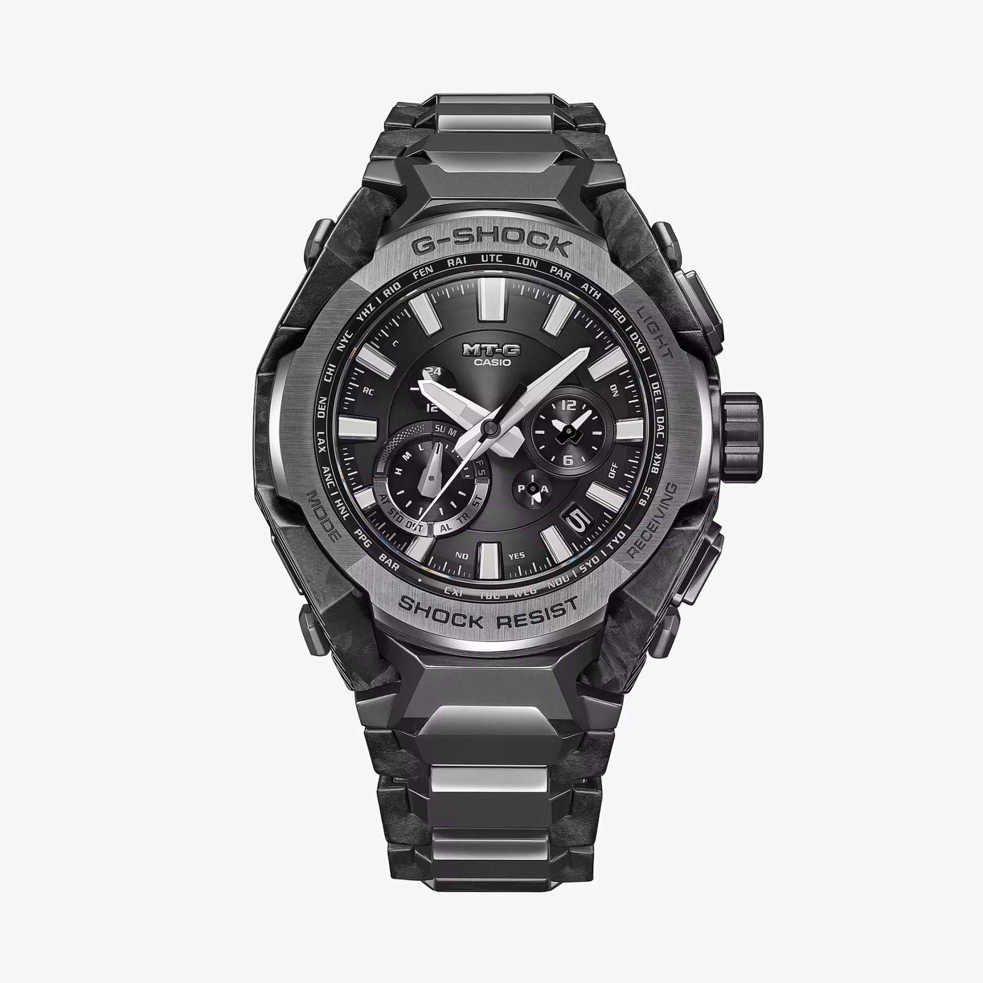 Black and silver Casio G-Shock MT-G analog-digital watch with metal and resin band.