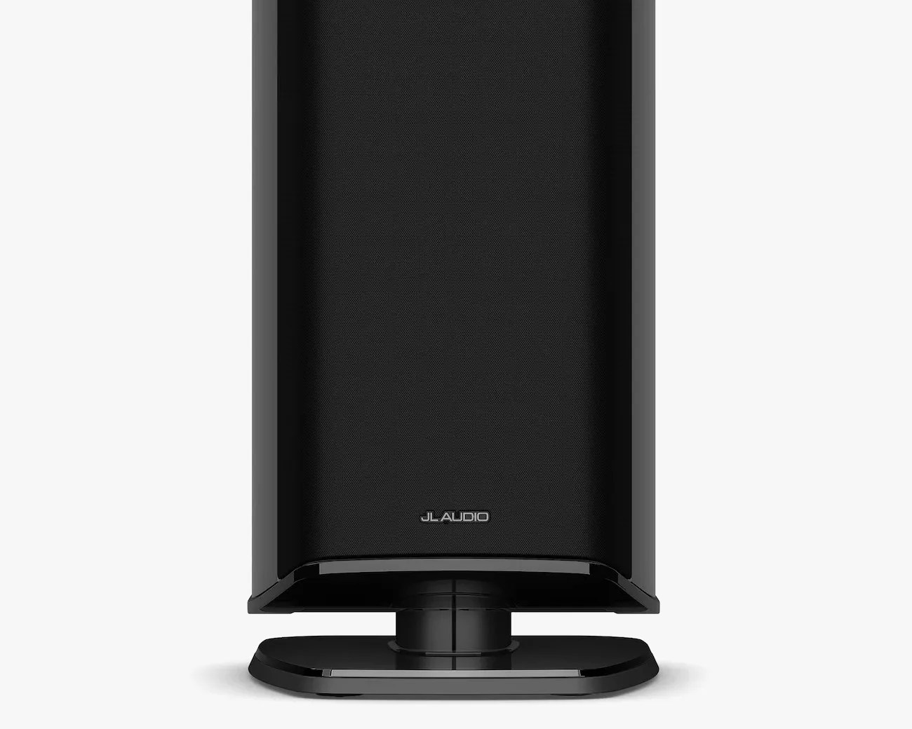 Black JL Audio speaker with a fabric front grille and glossy base stand.
